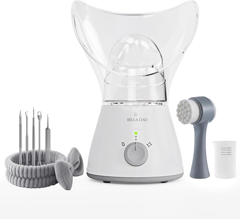 Vaporizador facial Bella Ciao com kit de 11 peças, cinza e branco
