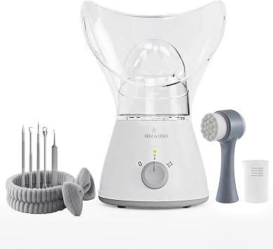 Bella Ciao Face Steamer, 11 Pc Facial Kit, Home Spa Kit, Gray/White | Facial Kit for Women, Complete At-Home Self Care Kit, Blackhead Cleanup, Nano Ionic Warm Mist, Facial Steamer