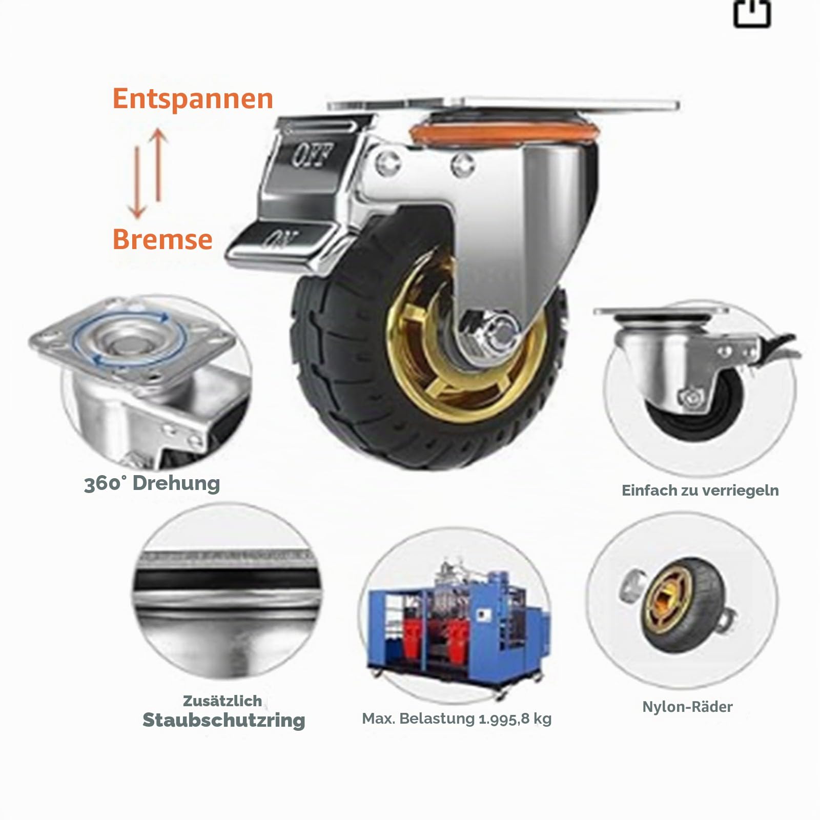4" Rollen Räder mit Sicherheits-Doppelverriegelung, Satz von 4, Heavy Duty, Max Load 2000LBS, für Warenkorb, Möbel, Werkbank (schwarz, 10cm/4", 2Pcs Festes Rad+2Pcs Verriegelung Swivel)