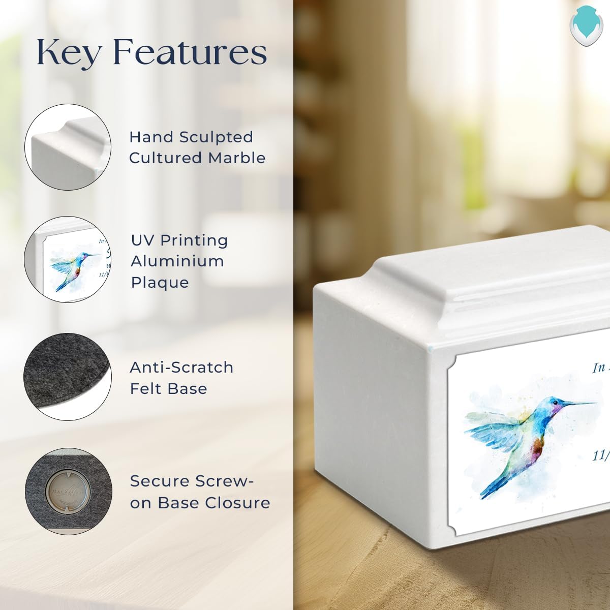 GetUrns Cultured Marble Urn Vault by Mackenzie with Personalized Hummingbird and Text for Human Ashes I Glacier White Adult Urns for Male and Female I 210lbs