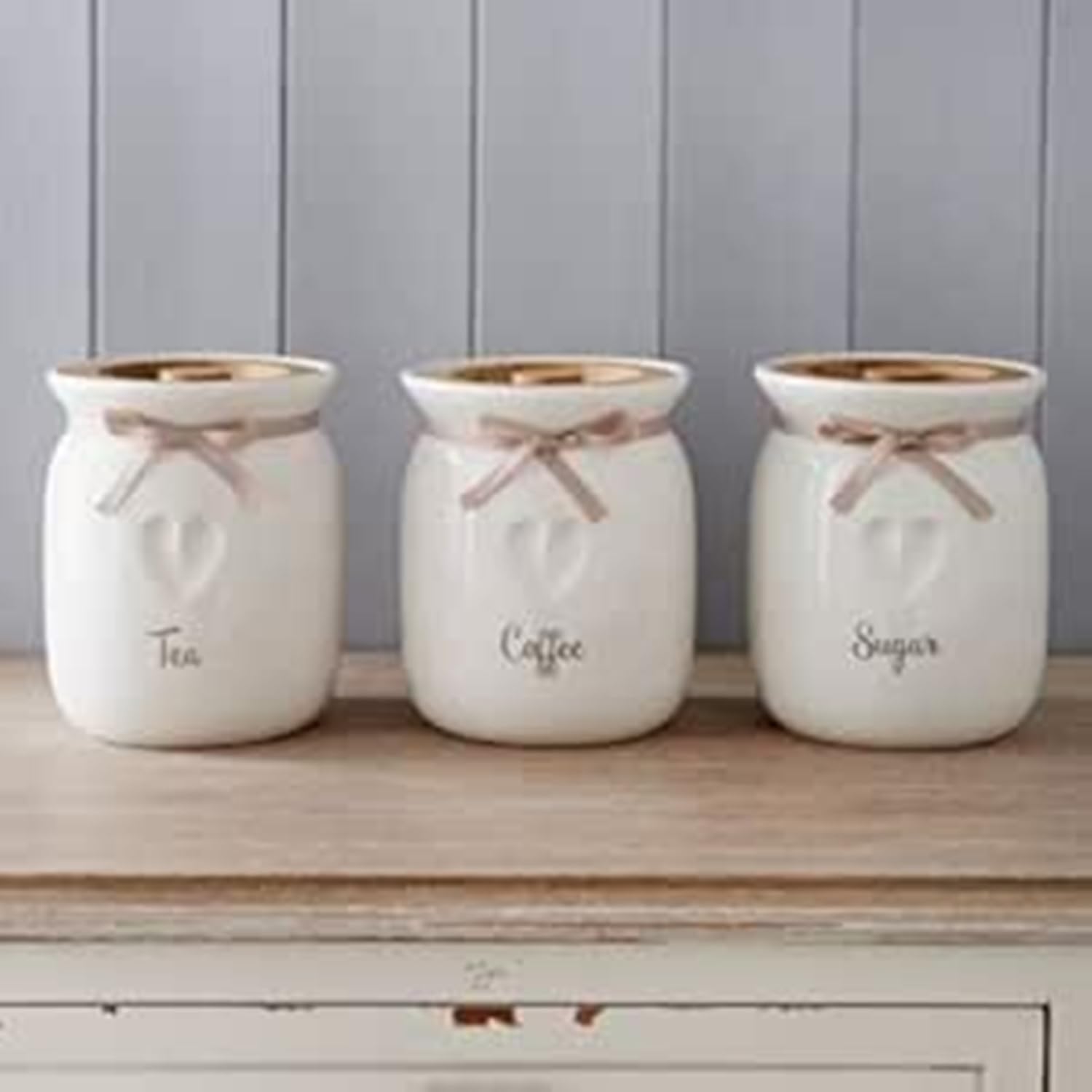 Biznest Large Canisters/Jars Set Tea Coffee Sugar Ceramic Canisters Engraved Heart Kitchen Storage Jars Set Set Of 3 With Wooden Lid And Ribbon Kitchen Organisation Ideal For Gift To Love One's