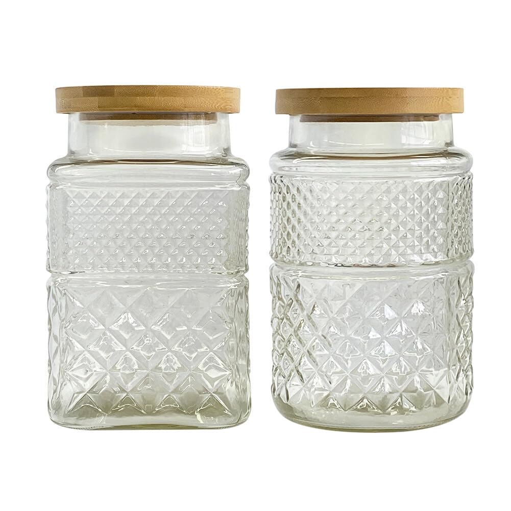 Confezione da 2 barattoli grandi in vetro vintage goffrato, contenitori per alimenti e cereali, con coperchio ermetico in bambù per caramelle, snack, caffè, tè e cereali