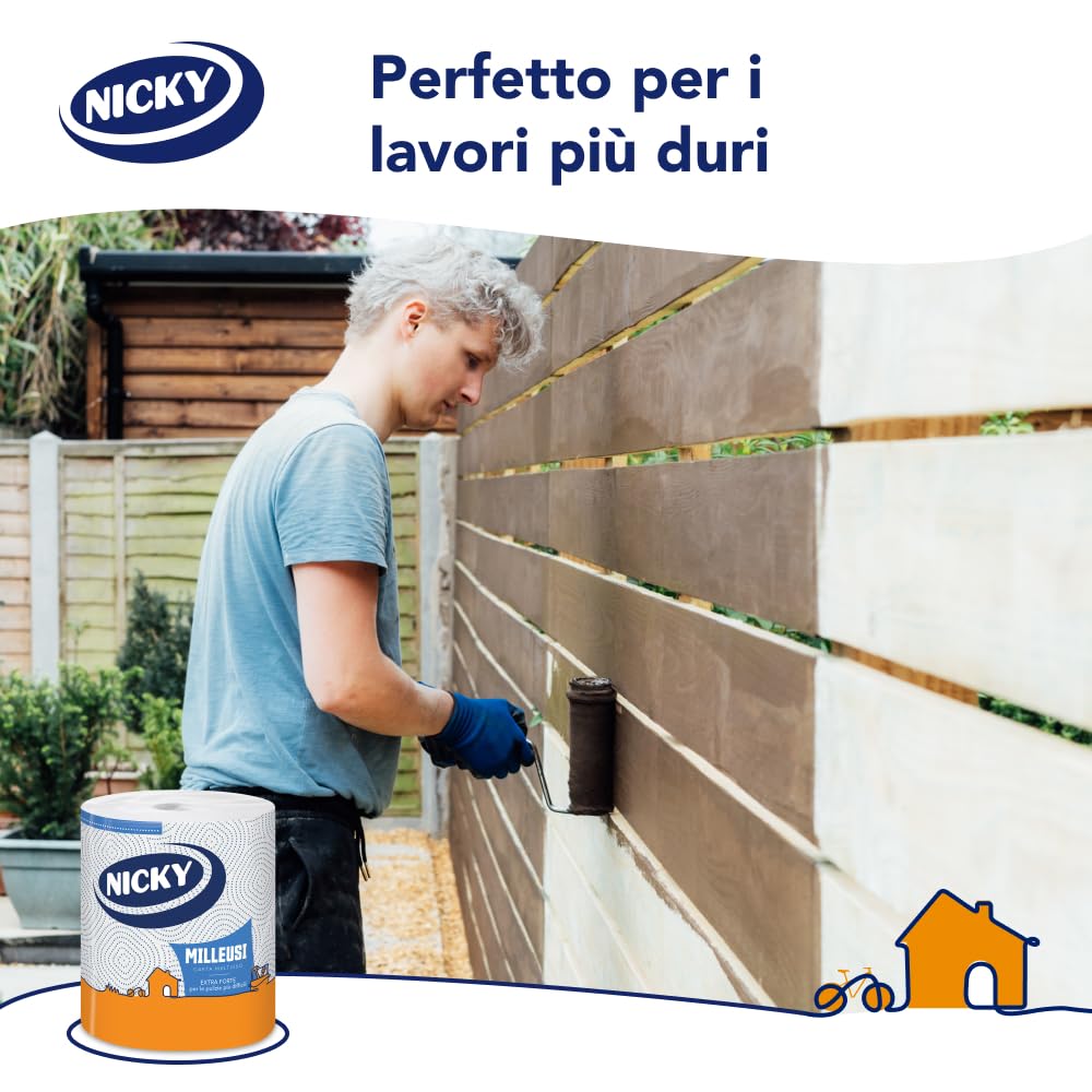 Nicky Milleusi Forte – 8 Rotoli di Carta Multiuso, 180 Resistenti Fogli a 3 Veli, Per le Pulizie Più Difficili, Lunghezza Extra e Infinita Versatilità, Carta 100% Certificata FSC