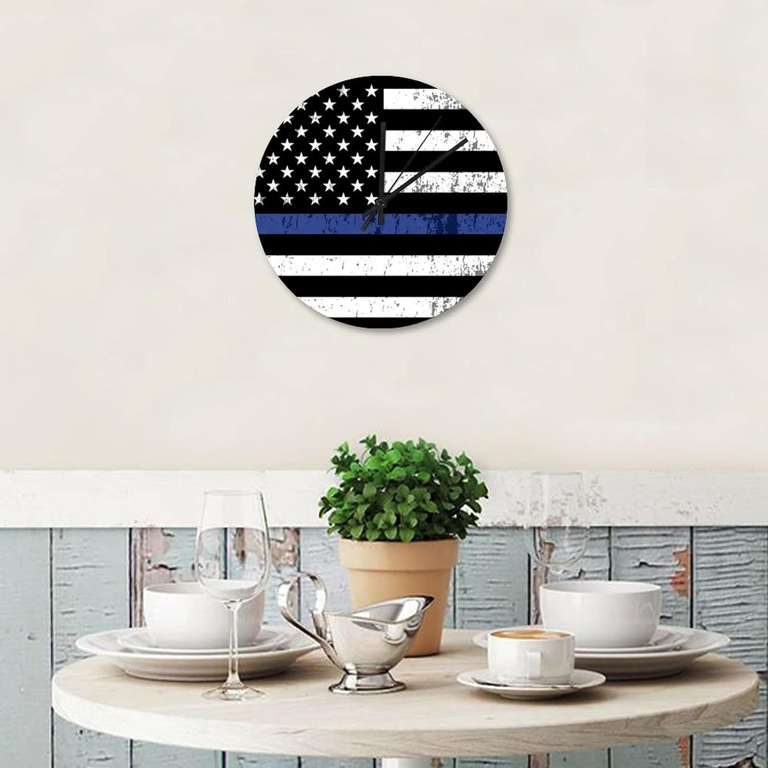 12 Inch Retro Vintage Thin Blue Line Black American Flag Wall Clock Silent & Non-Ticking Honoring Law Enforcement Officers Decorative Clock Round Clock for Home Office