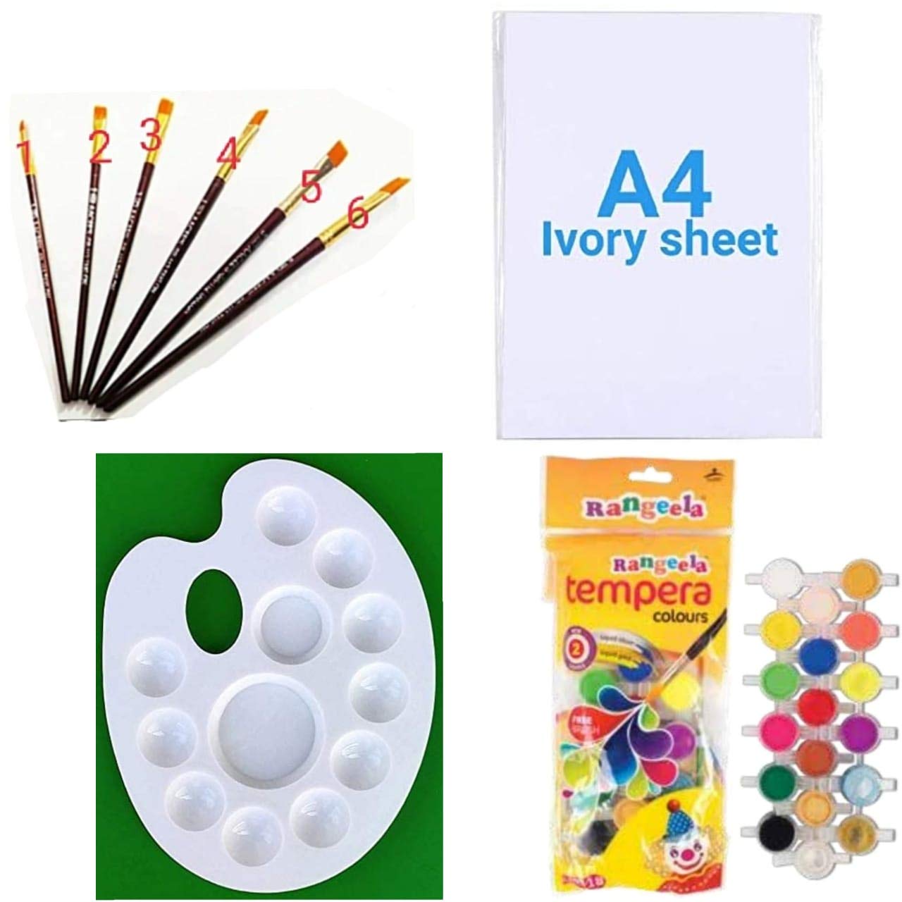 FIRST CLICK™ Art 12 Wells 301 Palette + Pidilite Rangeela Water Color 18 Shades + Set of Flat Brushes + A4 Drawing Ivory Paper 210 GSM 25 Sheets