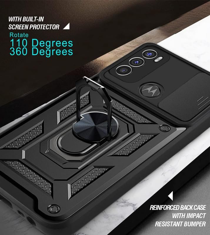 Image of Robot Ring Thunder Case, Shockproof Hybrid Kickstand Back Case Defender Cover for Moto G40 Fusion - Black (Sliding Camera Window)
