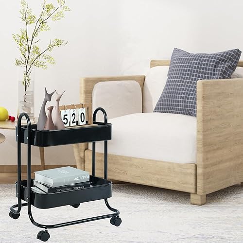 Miniatura 2 de Melody House Organizador de almacenamiento de 2 niveles de malla metálica con ruedas bloqueables para oficina, cocina, sala de estar, lavandería,