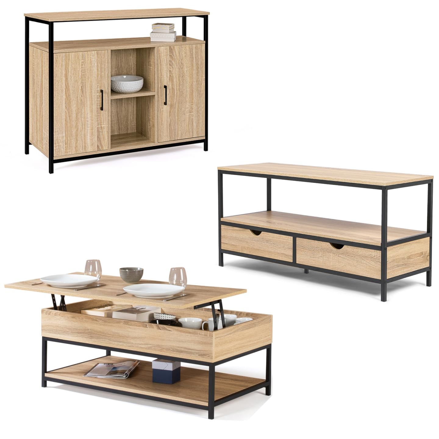 IDMarket - Ensemble Meubles de Salon Buffet, Table Basse relevable et Meuble TV Detroit Design Industriel