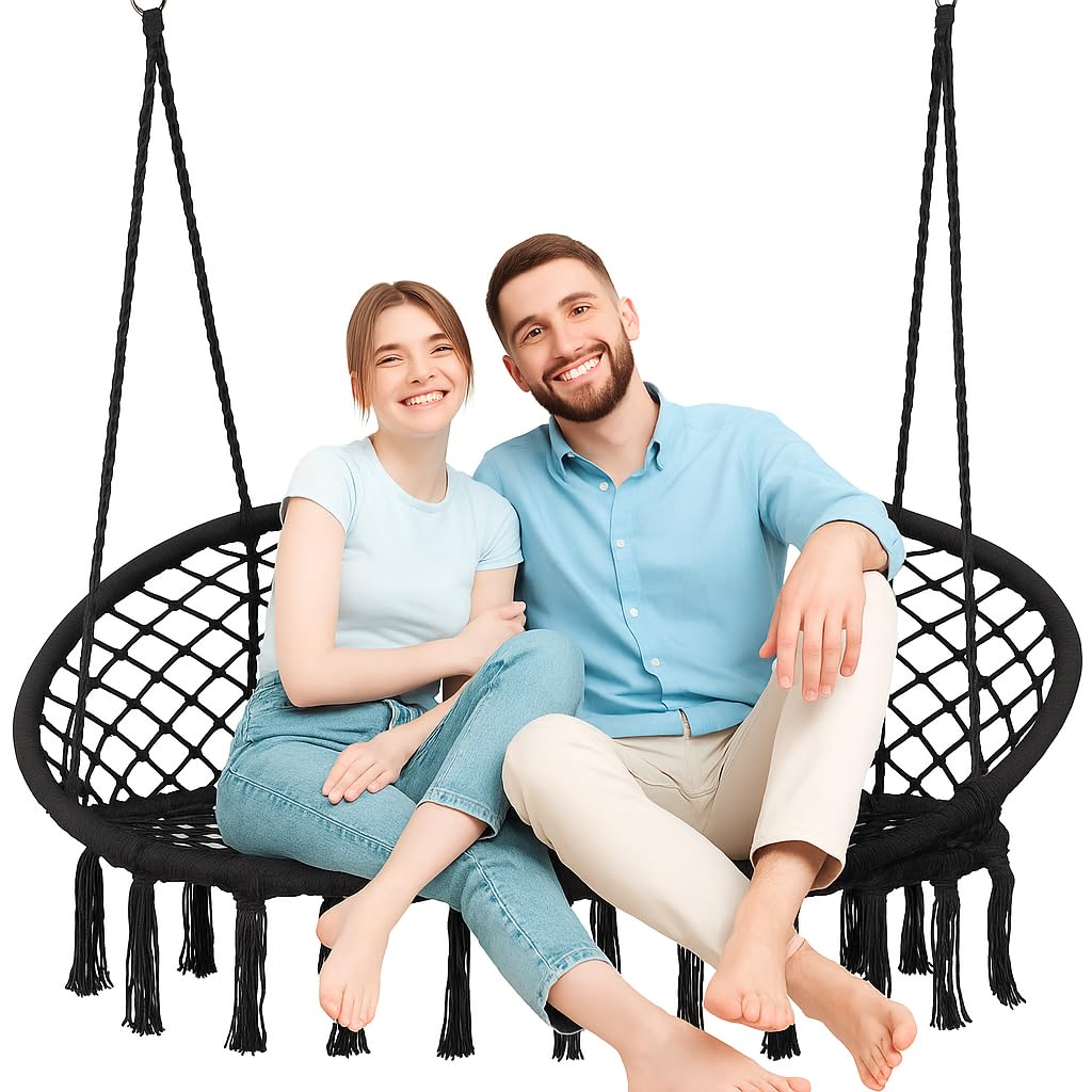 Sedia Sospesa Doppia Stile Boho 130×75 cm – Capacità 200 kg, Telaio Metallico, 4 Corde con Anelli, Interno/Esterno, Frange, Bianca, Balcone Giardino Poltrona Sospesa