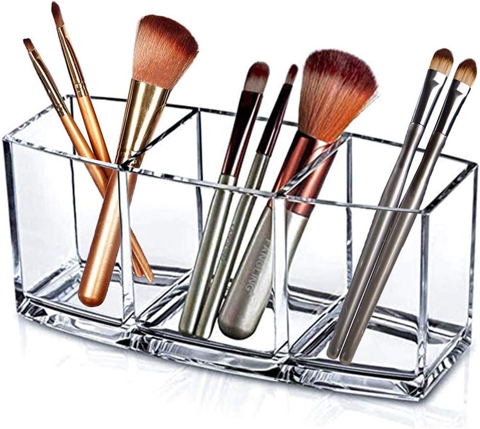 Makeup Brush Holder Organizer 3 Compartments Clear