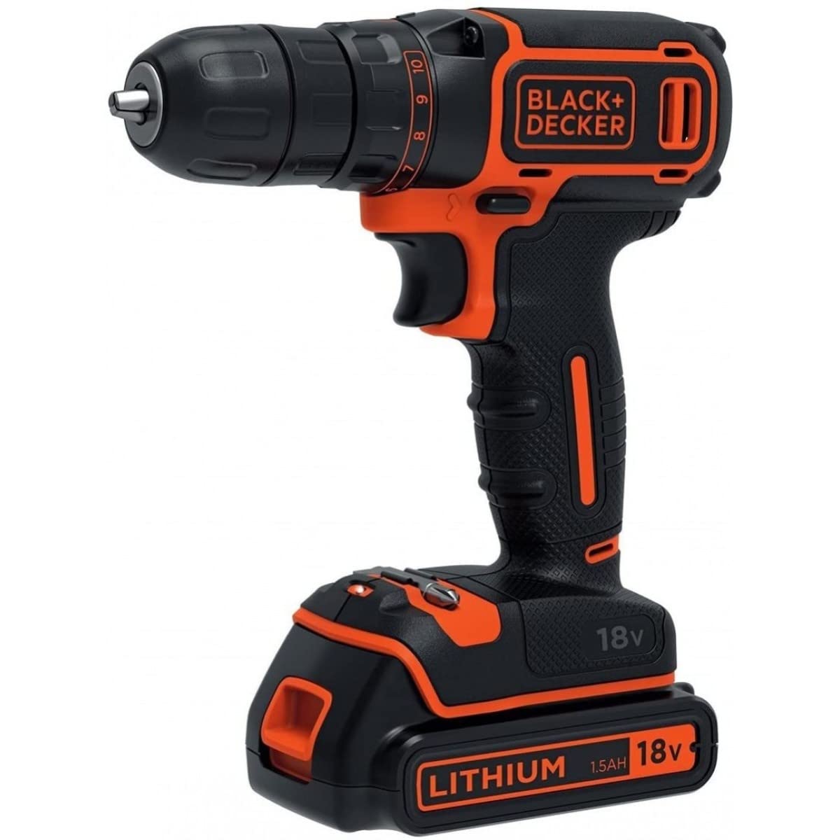 Black+Decker Akku-Bohrschrauber (18V, inkl. Li-Ion Schiebe-Akku, 1 Doppelbit, 400 mA Ladegerät im Koffer, LED-Arbeitsleuchte, Planetengetriebe, Softgriff) BDCDC18K