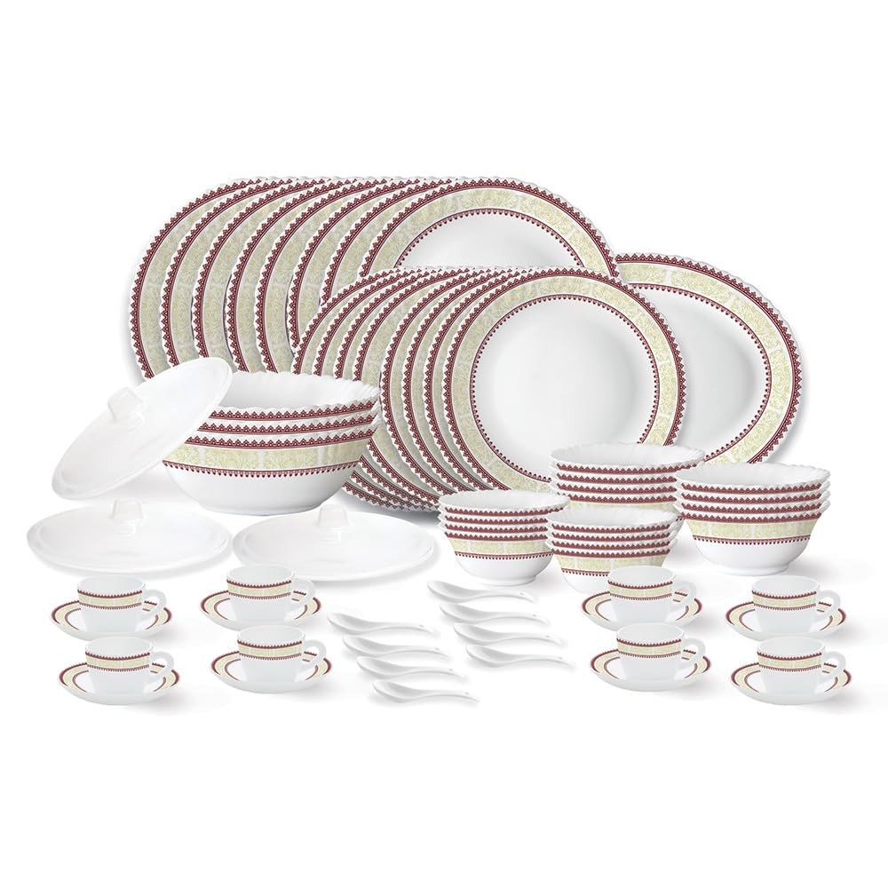 Larah by Borosil Elega Fluted Series Opalware Dinner Set | 63 Pieces for Family of 8 | Microwave & Dishwasher Safe | Bone-Ash Free | Crockery Set for Dining & Gifting | Plates & Bowls | White