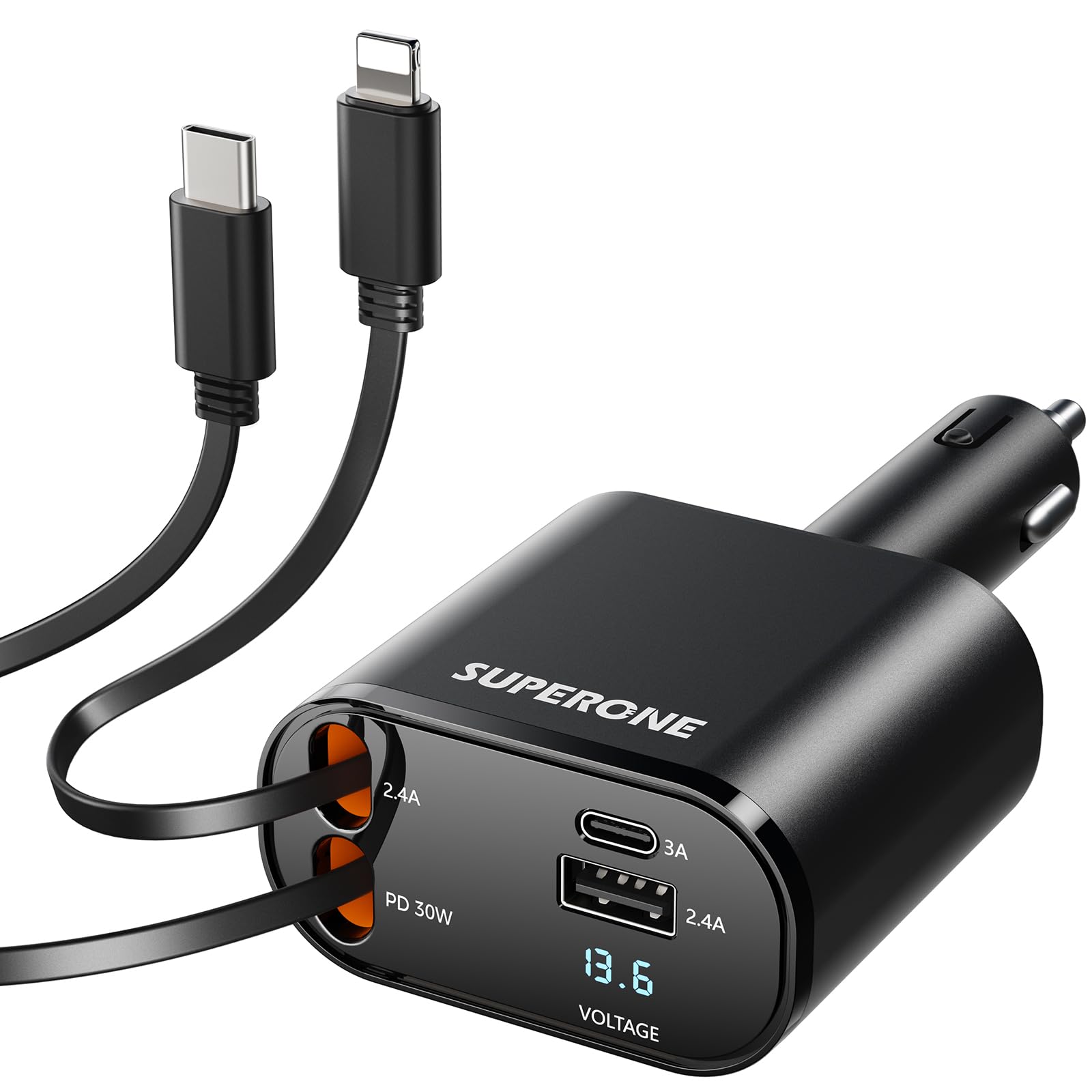 Retractable Car Charger 4 in 1 Fast Car Phone Charger Adapter with Type C & Apple Cords Compatible with iPhone 16/15/14/13/12/11, Galaxy, Pixel