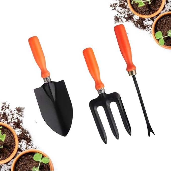 Go Hooked 3 Pcs Gardening Tools Kit Fork, Transplanter, Weeder Rust Resistant He