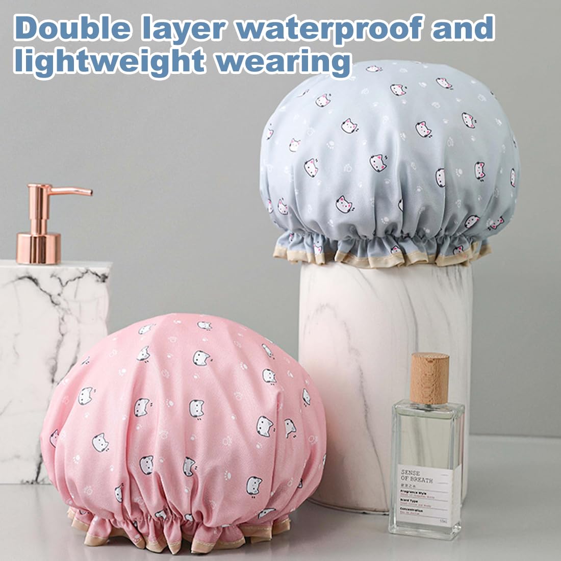 Double Layer Shower Cap for Women 2 Pack Elastic Band Reusable Shower Cap for Hair Waterproof Plastic Shower Cap with Ruffles Covering Ears - Image 3