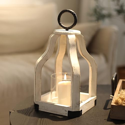 Miniatura 5 de SwallowLiving Farol rústico de madera para huracanes de 13 pulgadas con portavelas de cristal para patio, centro de mesa, color blanco
