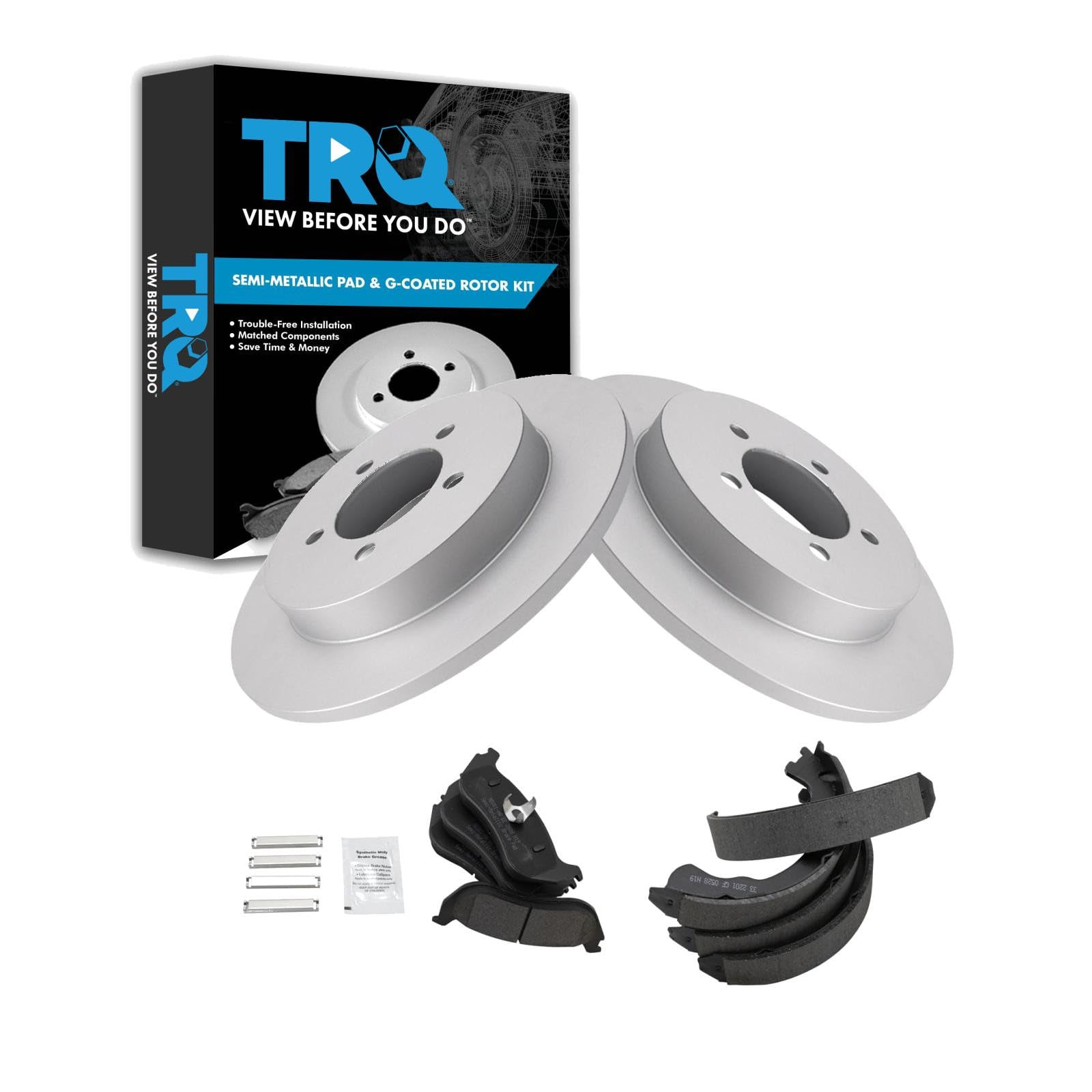 TRQ Rear Brake Pad and Rotor Set Semi Metallic Coated Rotors Parking Shoe Compatible with 2002-2005 Ford Explorer Mercury Mountaineer