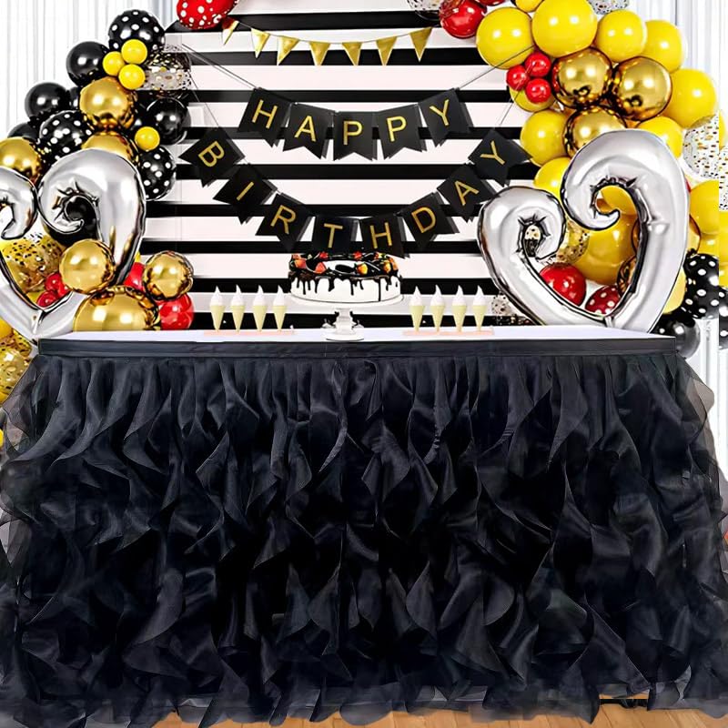Image of Luxury Organza Mesh Table Skirt Draping Floating Romance - Perfect for Bridal Showers, Birthday Weddings - Clear Flowing Decoration for a Wonderful Main Cake Table (Black-6ft, 72 inch Lx30 inch H)