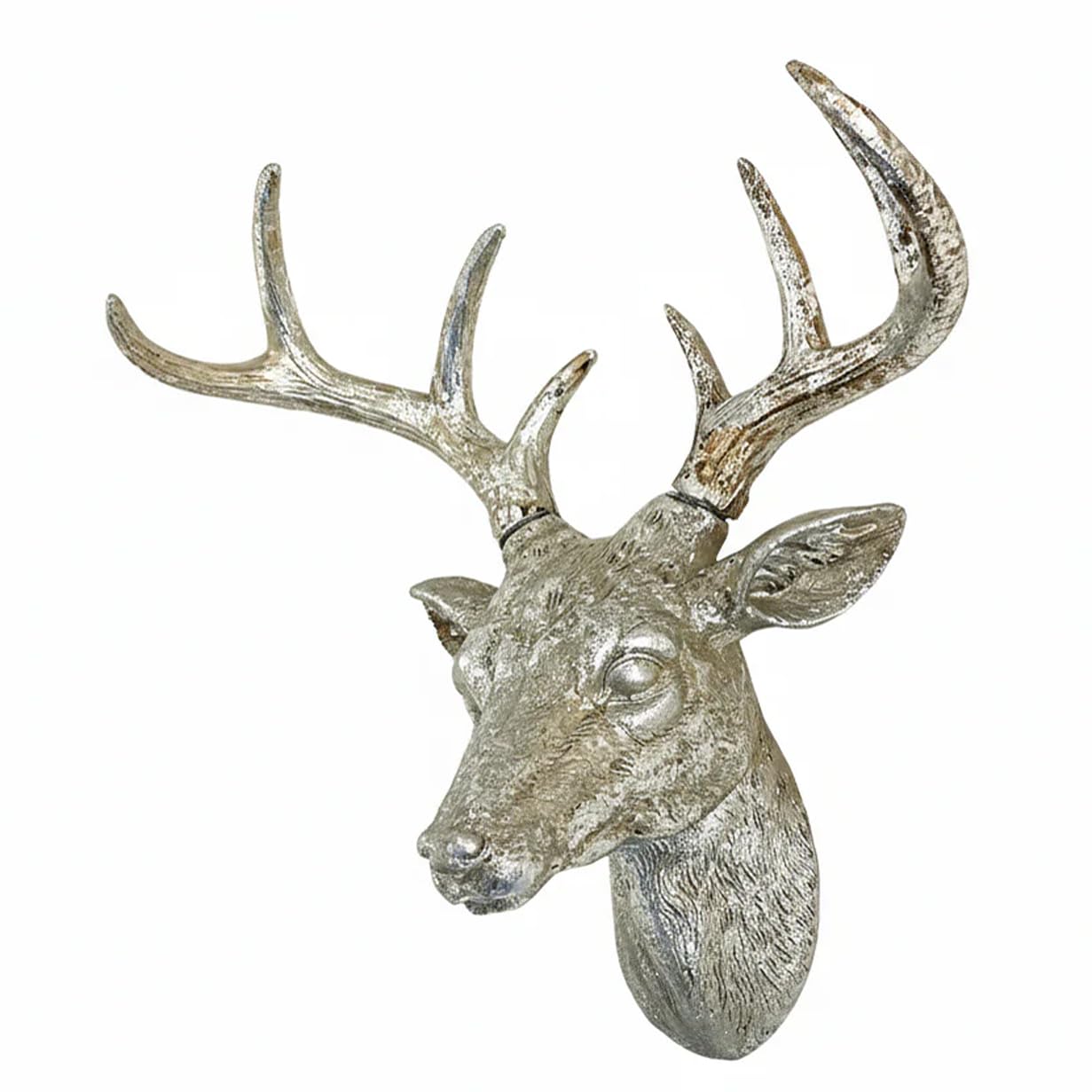 Best Value Here Stag Head Wall Mounted Ornament Elk Head Hanging Ornament Ditressed Silver Resin Deer Antler Sculpture Home Garden Decor