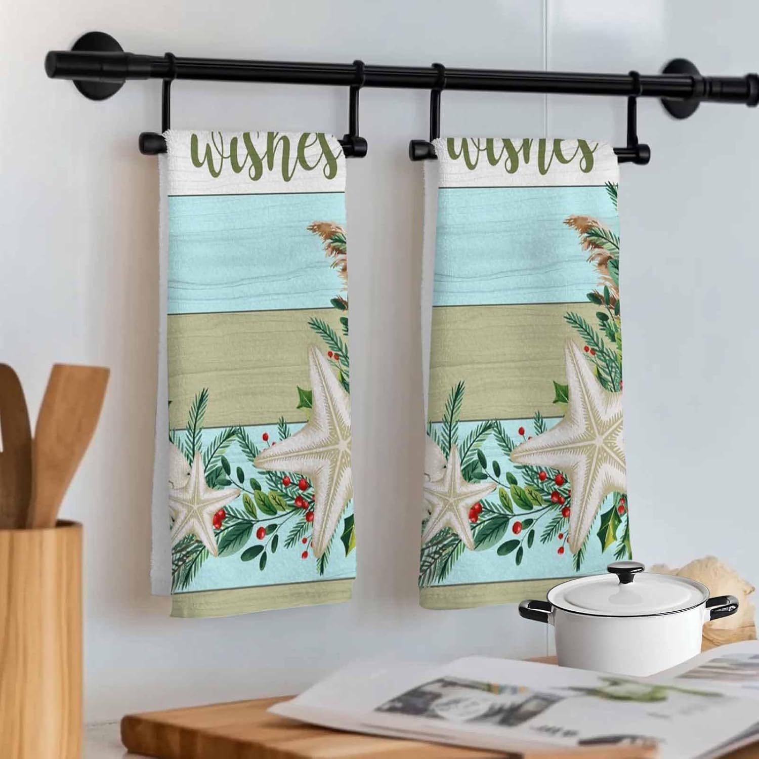 Kitchen Towel Set, Coastal Christmas Fast Drying Microfiber Kitchen Towels Dish Cloths, Tea Towels/Bar Towels/Hand Towels Seaside Holiday Wishes Xmas Beach Starfish (Set of 3, 18x28 Inch)