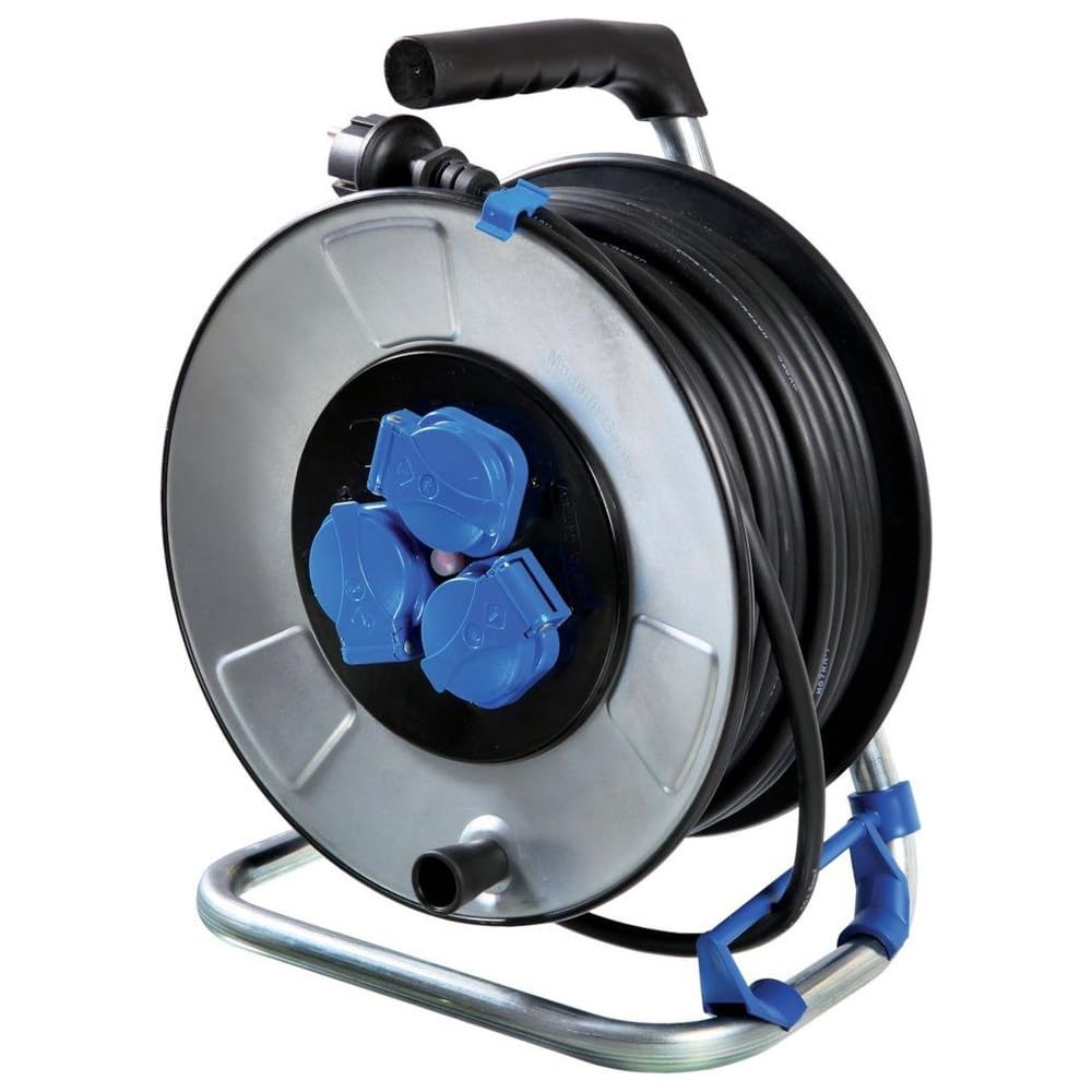 as ‑ Schwabe IronCoat avvolgicavo 50 m H07RN‑F 3G1,5, IP44 per esterno, 3 prese con terra, protezione contro le scosse elettriche, Made in Germany
