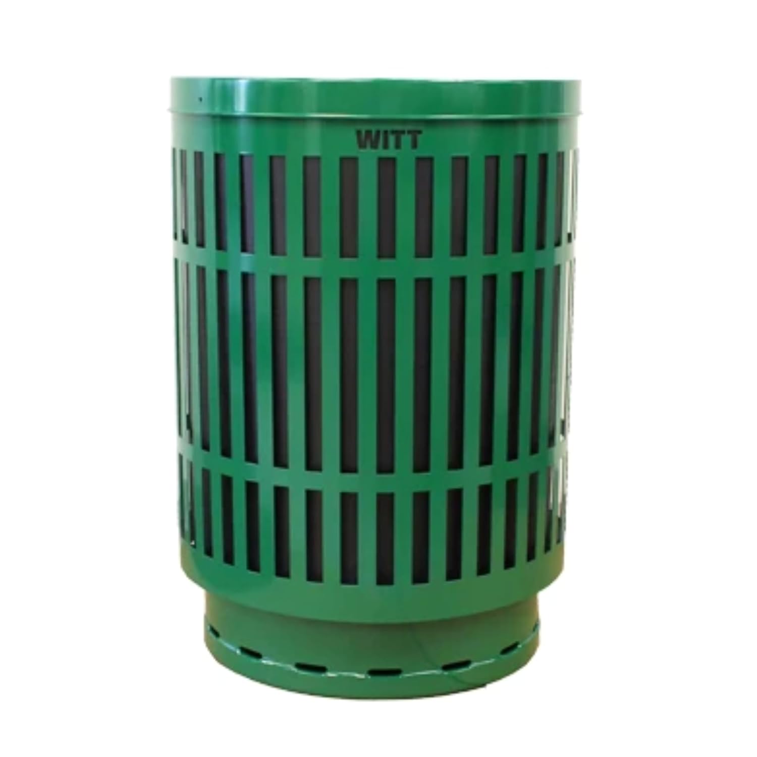 Commercial 40 Gallon Outdoor Steel Trash Receptacle with Laser Cut Modern Design with Flat Top Lid for Parks, Arenas, City Streets, Public Spaces - Green