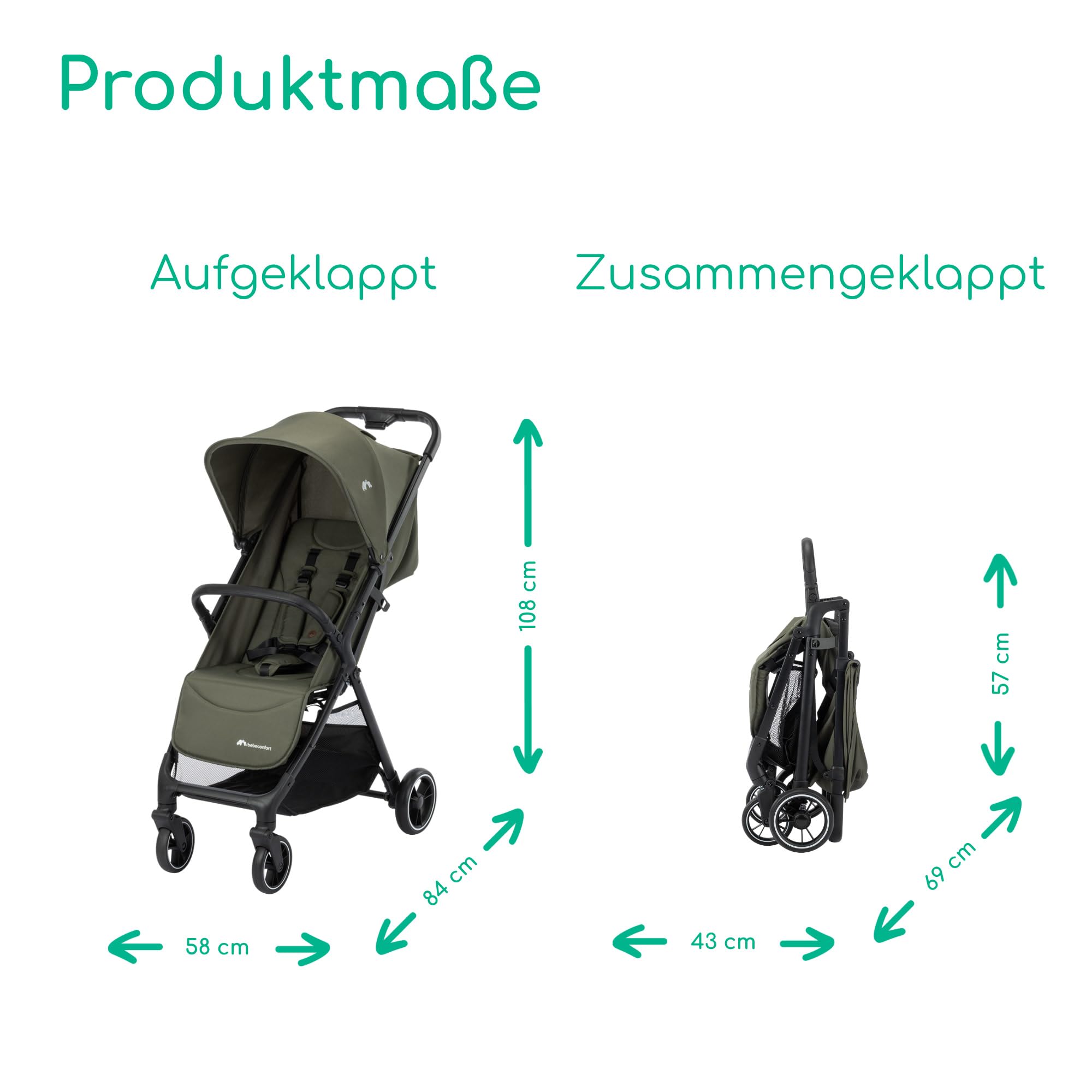 Bebeconfort Azur, Kinderwagen Buggy Kompakt, 0–3 Jahre (15 kg), Leichter Reisebuggy, Automatisch Einhändig Klappbar, Stufenlos Flach Verstellbar, Großer Korb, Mineral Green