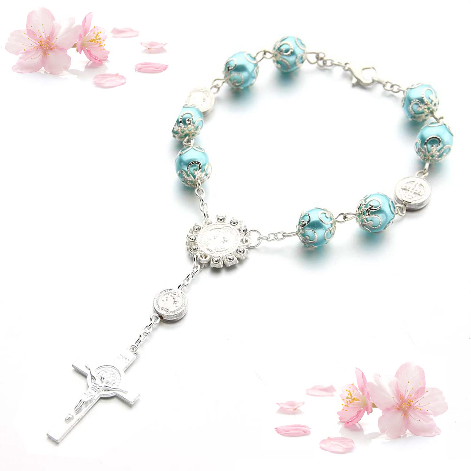 Bracciale Croce Cattolica Regolabile Con Perle Blu - Gioiello Religioso Per Comunioni, Cresime, Battesimi E Compleanni