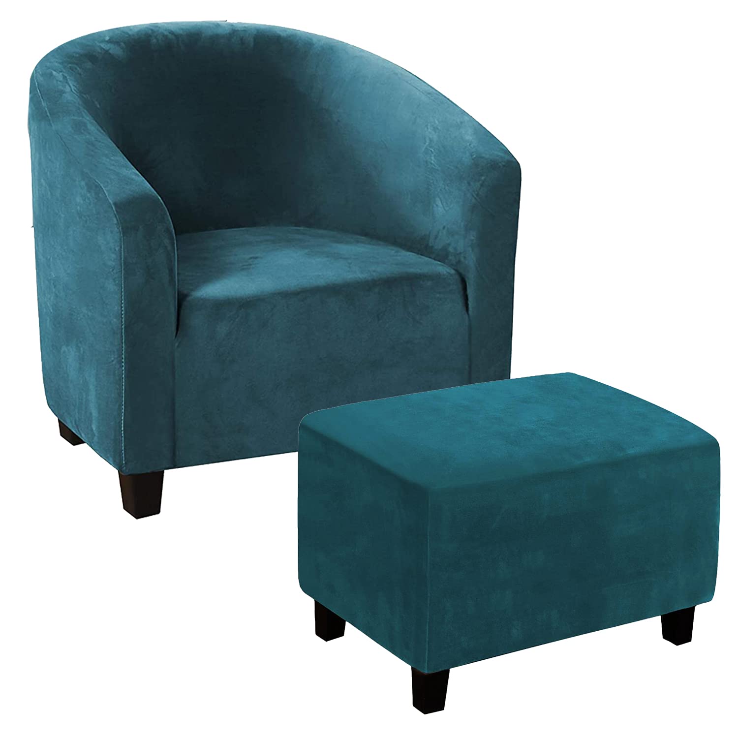 1 Piece Soft Velvet Arm-Chair Slipcover and 1 Piece Rectangle Folding Storage Slipcovers Ottoman Cover Set for Living Room as 4 Ways Stretch Furniture Protector with Elastic Bottom?Water Blue,L?