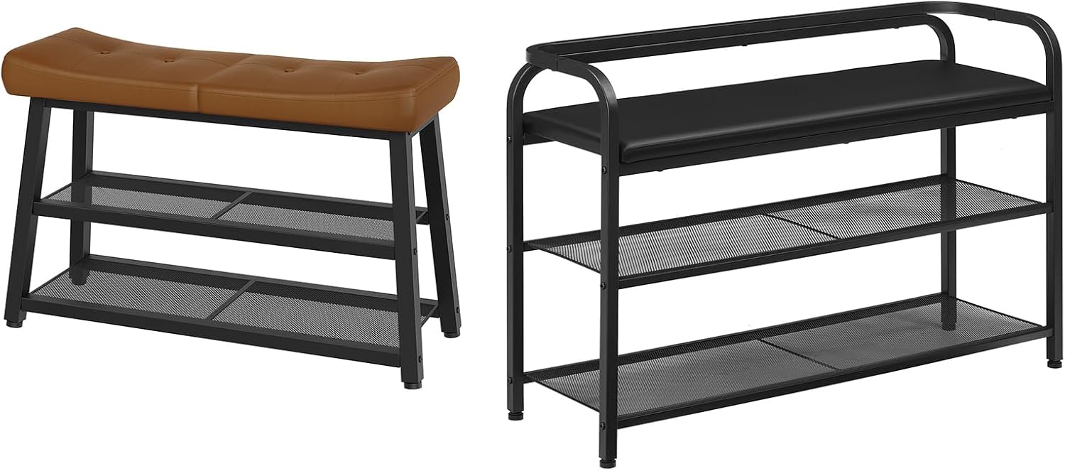 Shoe Bench, 3-Tier Shoe Rack, 2-Tier Shoe Rack with PU Padded Seat, Upholstered Shoe Storage Bench with Back, for Hallway HX02BV-HX14BB