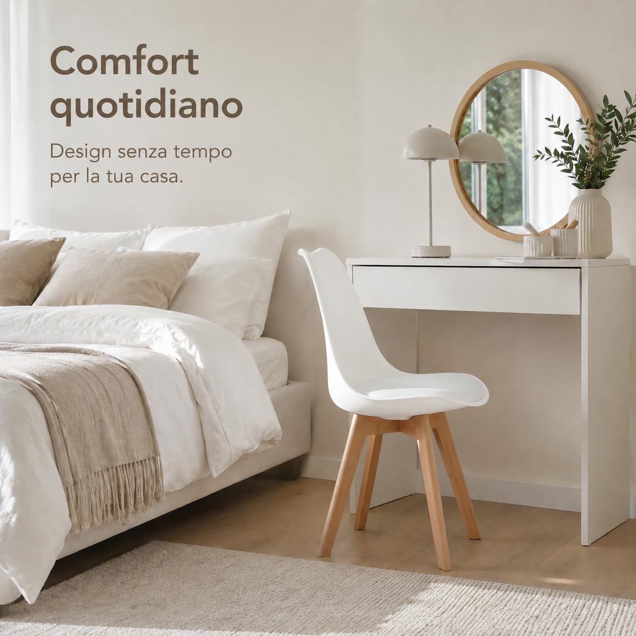 EGGREE Set di 4 Pranzo Ufficio Sedia con Gambe in Faggio Massiccio Sedie Senza Braccia Imbottita di Design per il Massimo Comfort Bianco