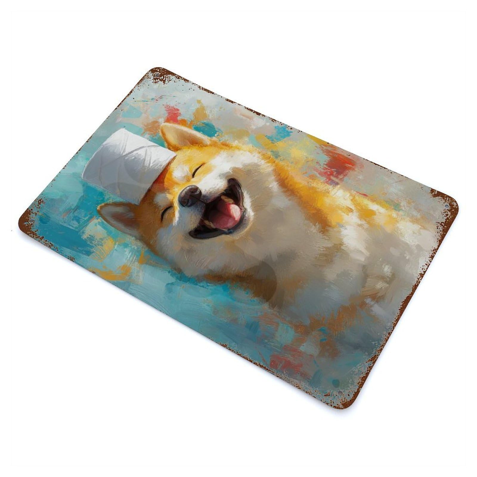 Smiling Shiba Inu with Toilet Paper Hat Vintage Rust Metal Sign 11.8"x7.9", for Pub, Kitchen And Man Cave Decor, Rustic Home Decor