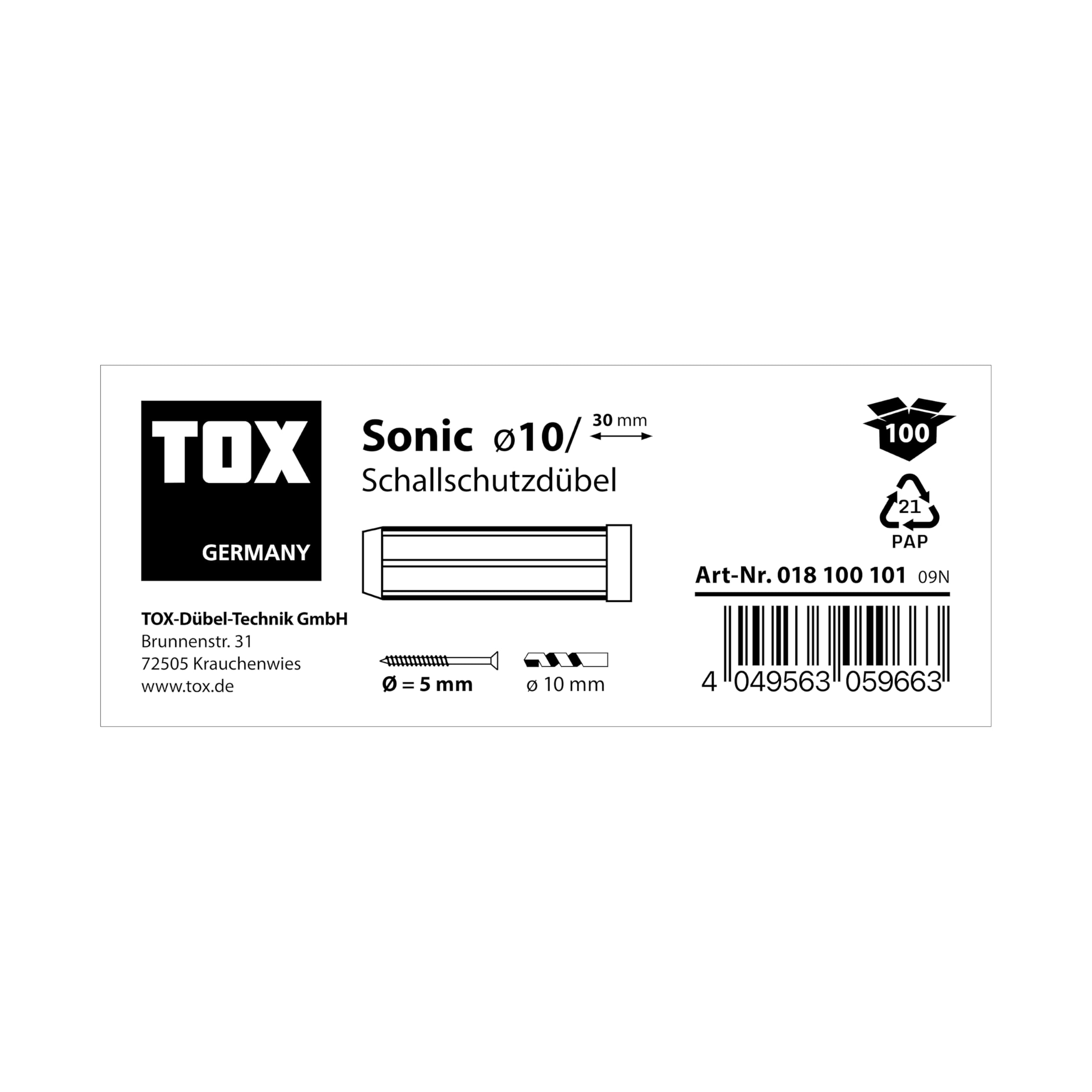 TOX Sonic 10/30 tacos insonorizantes, tacos insonorizantes con revestimiento de goma, para subestructuras y construcciones insonorizantes, 100 unidades por caja, 018100101