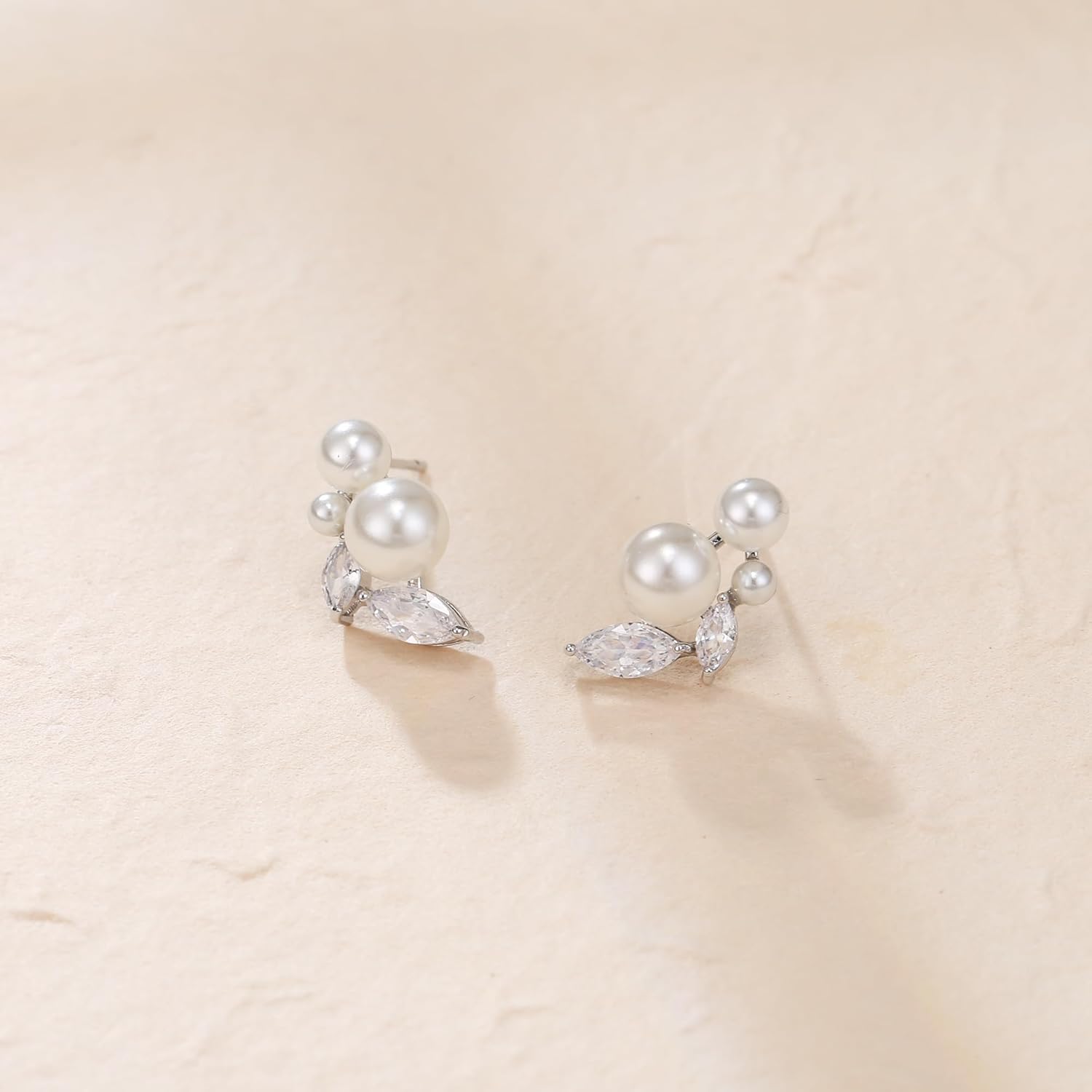 Crysdue Simulated Pearl Earring for Brides Bridesmaid, Cubic Zirconia Fashion Floral Stud Earrings for Wedding Prom Pageant - Image 4