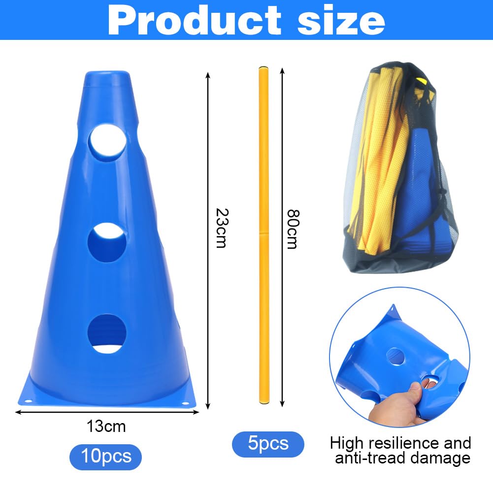 Sports - Juego de 10 conos + 5 barras, 23 cm de altura, 80 cm de longitud, entrenamiento de coordinación para niños, perros para saltar, juego de agilidad para fútbol, deportes de perro