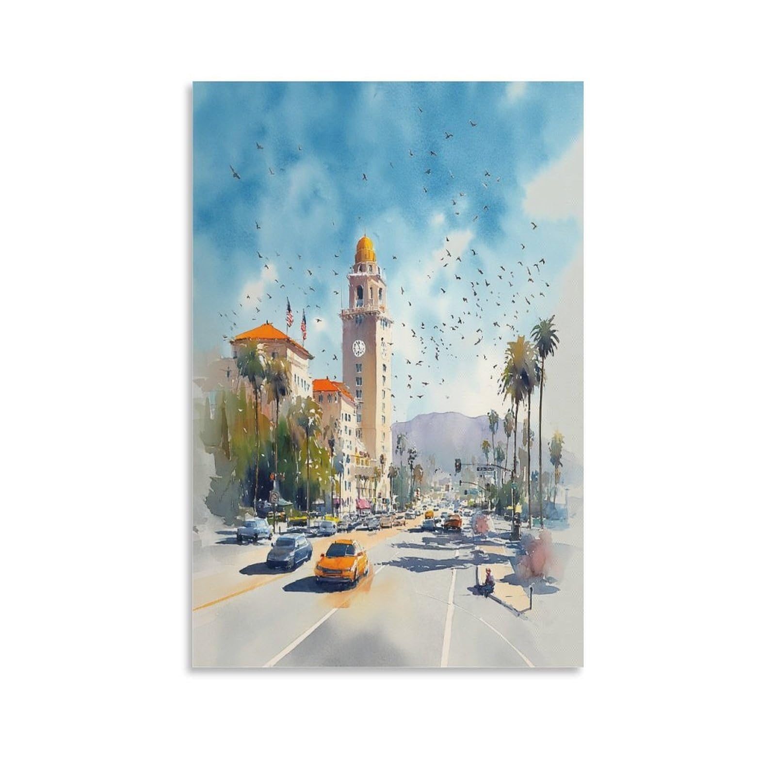 Cnaheiz Unframe-Style San Diego Watercolor Print_ La Jolla_ Retro California Wall Art 24X36inch(60X90cm) Vintage Watercolor Canvas Art