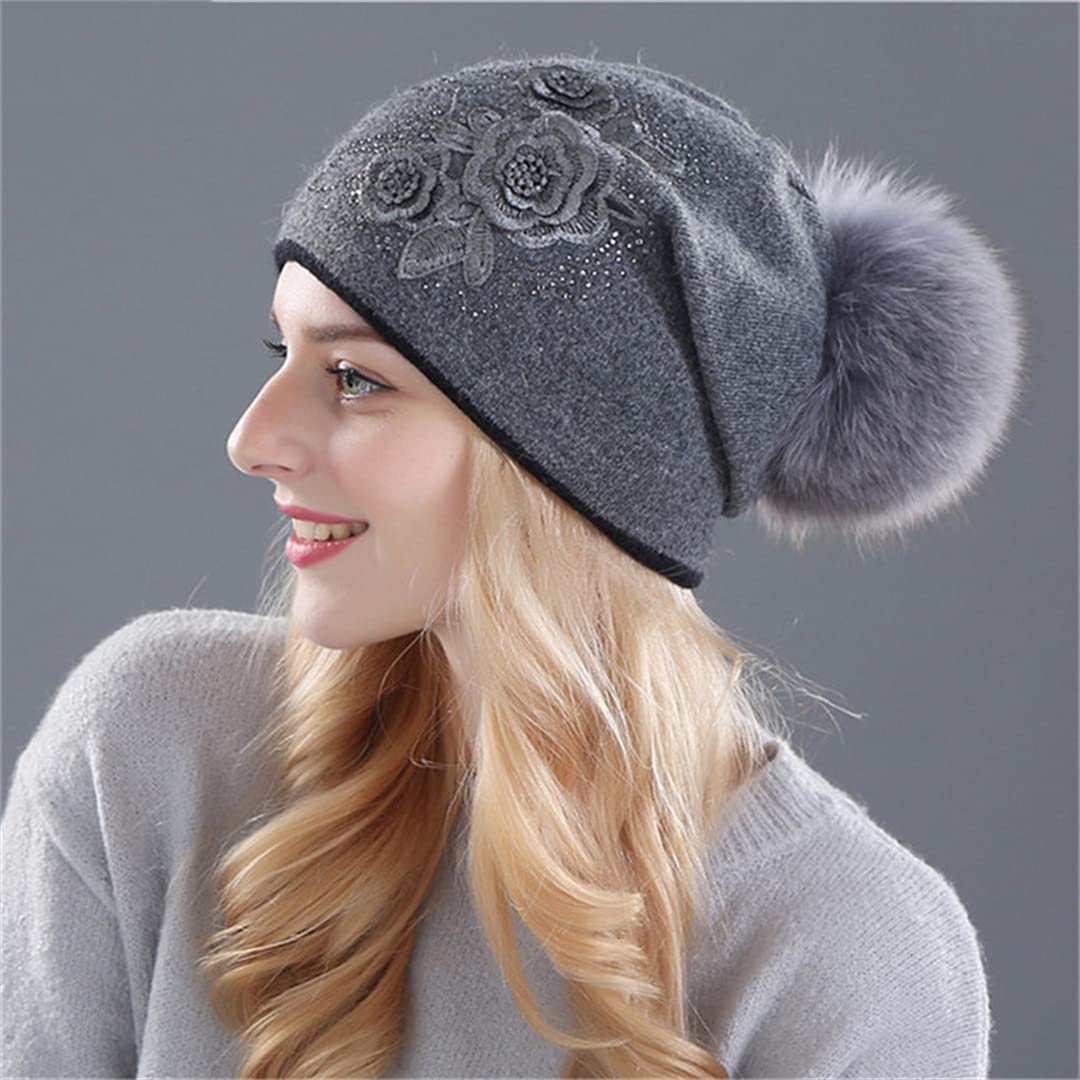 Sombrero de Punto de Lana de Piel de Conejo de Invierno para Mujer, Gorros de visón cálidos para Mujer White