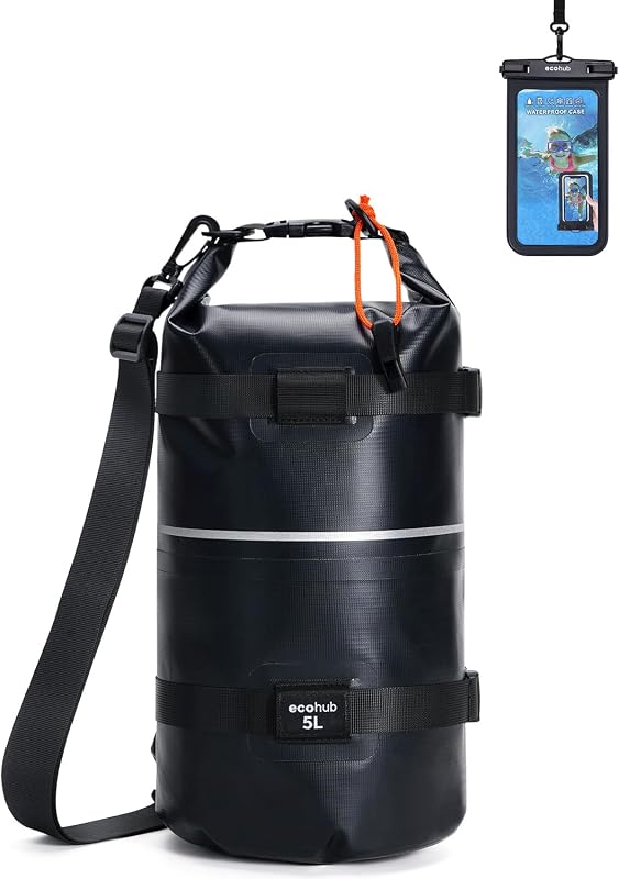 Waterproof Dry Bag for Women Men, 5L/10L/20L Roll Top Lightweight Dry Storage Bag Backpack for Travel Kayaking Hiking Floating with Waterproof Phone Case,Black