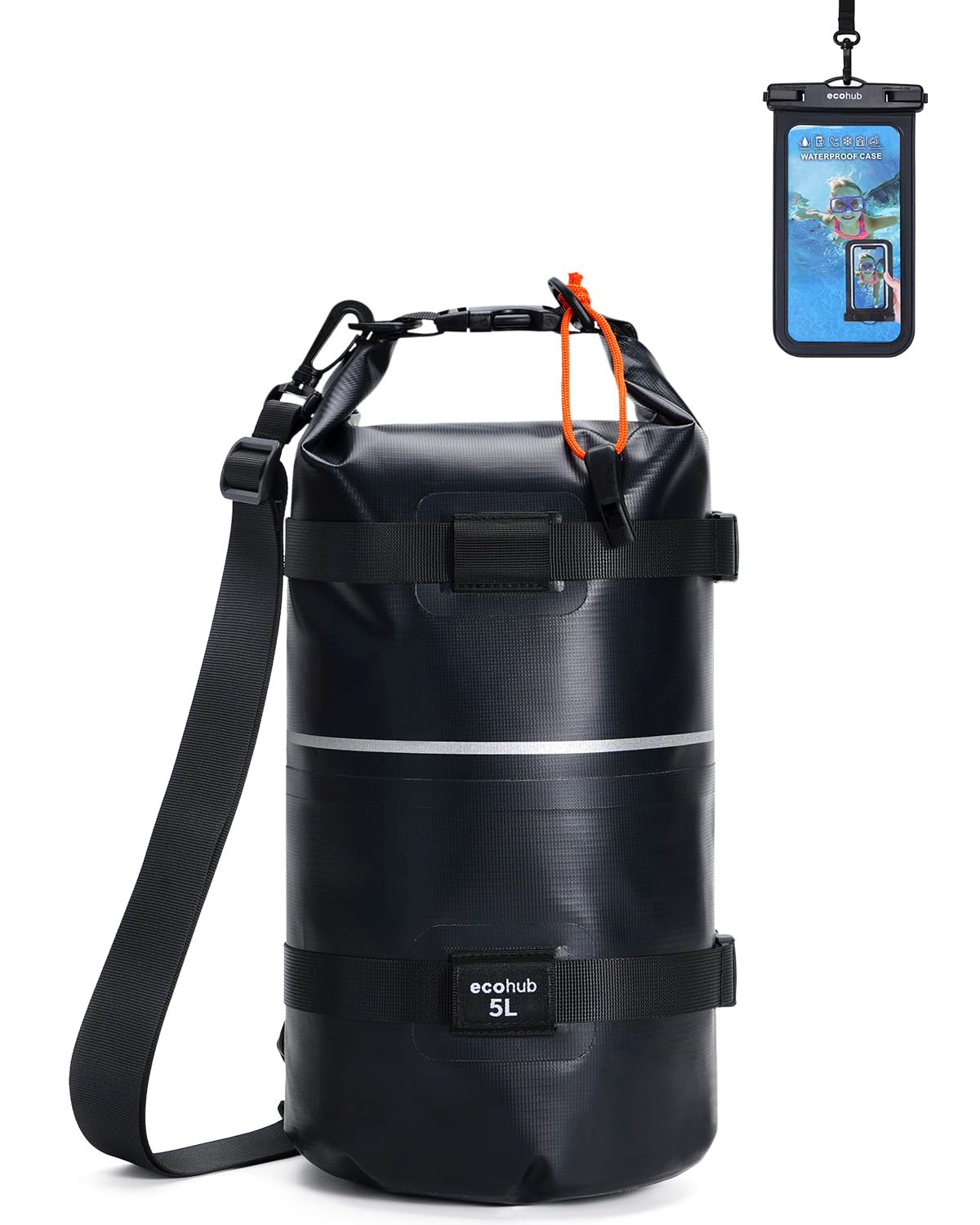 ECOHUB Dry Bag 2L 5L 10L 15L 20L, wasserdichte Tasche mit Rolltop Verschluss & IPX8 Handyhülle, Schultergurt & Tragegriff, für Kajak, SUP, Bootfahren, Wandern, Camping, Angeln, Rafting