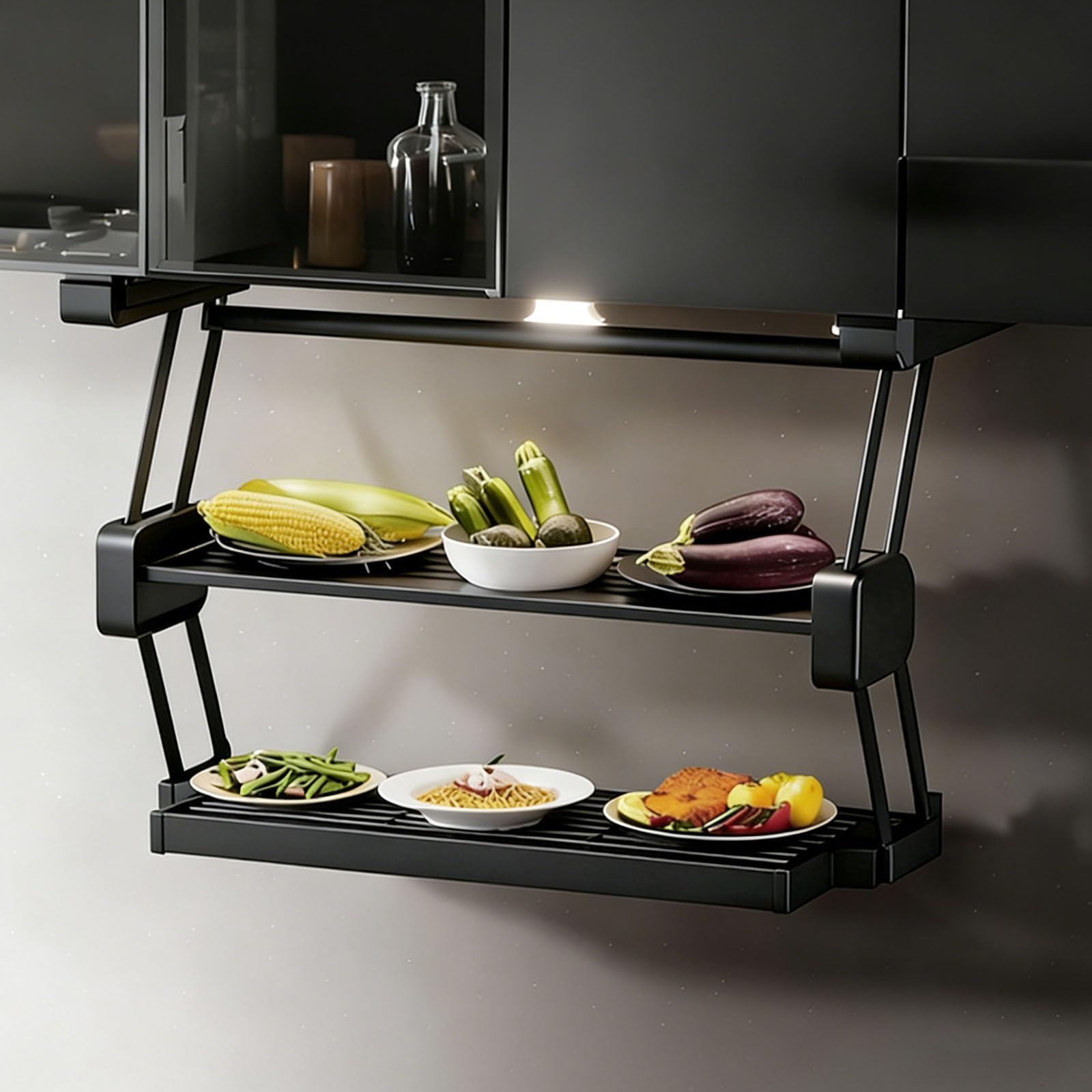 Cabinet Drop Down Shelf Pull-Down Double-Layer Lifting Storage Rack Hidden Pull-Down Storage Saves Internal Space Easy To Install Suitable for Kitchens and Bathrooms black 910mm/36in