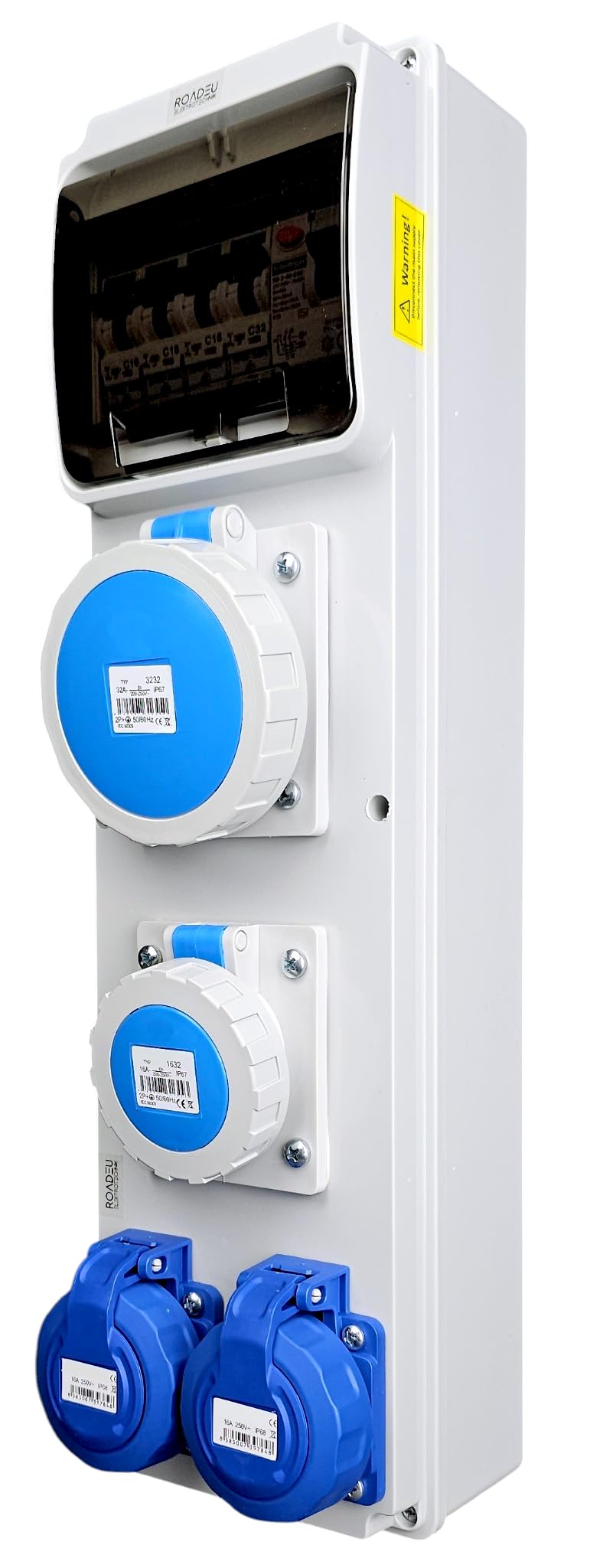 RoadEu Cuadro eléctrico 230V IP65 con diferencial 40A 30mA y magnetotérmicos | 1 toma CEE 32A, 1 CEE 16A y 2 Schuko | precableado para obra, taller y exterior