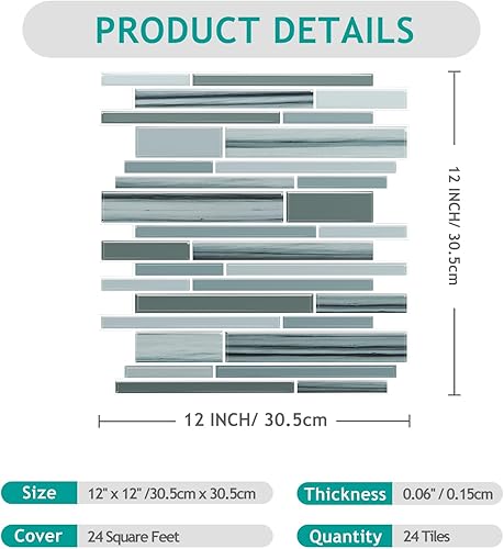 Miniatura 7 de VEELIKE 24 hojas de mosaico para despegar y pegar en muro de cocina, azulejos azules adhesivos para baño, azulejos adhesivos impermeables para