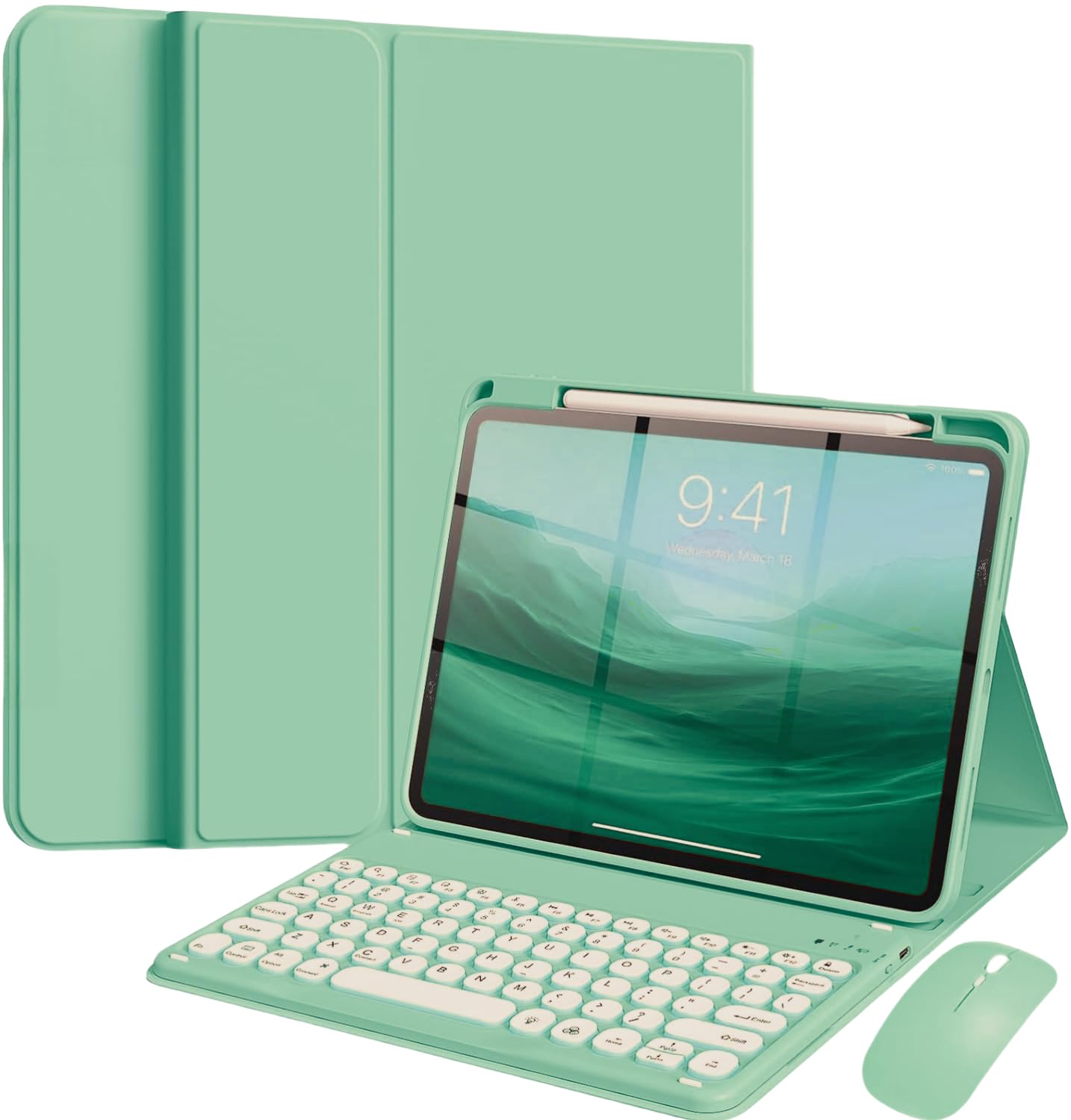 NUWONAYA for iPad Air 13 inch M3 2025/M2 2024 Case with Keyboard and Mouse,iPad Pro 12.9 4th/5th/6th Gen Keyboard Case with Pencil Holder Magnetic Detachable，Mint Green iPad Air13 inch(M3/M2)/Pro 12.9