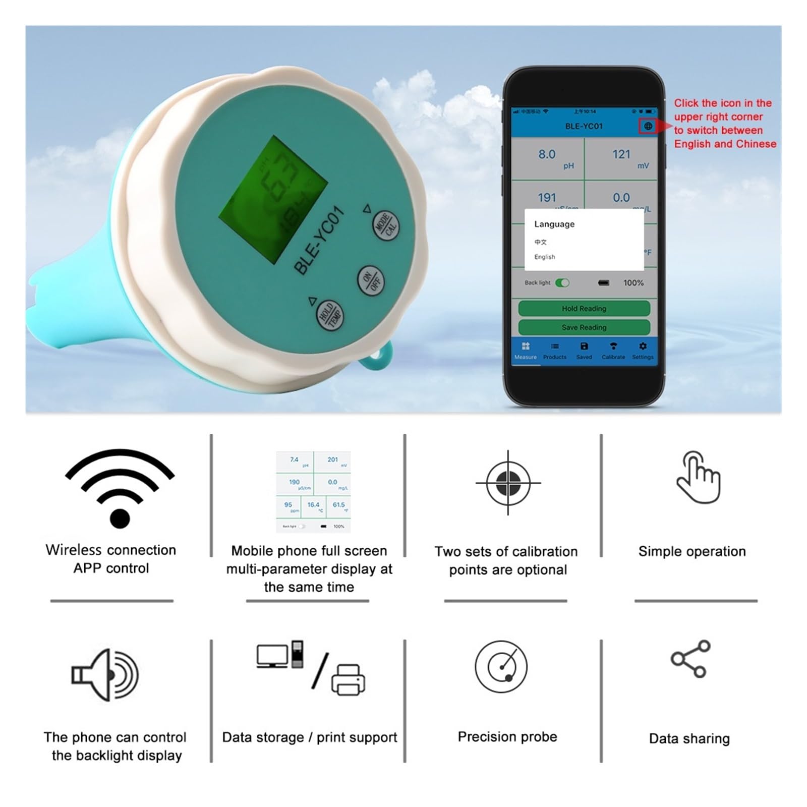 Tester Temperatury Chloru 6 W 1 PH/ORP/EC/TDS Testowanie Monitora Wody Podświetlany Wyświetlacz LCD Inteligentny Sprzęt Do Domowego Basenu