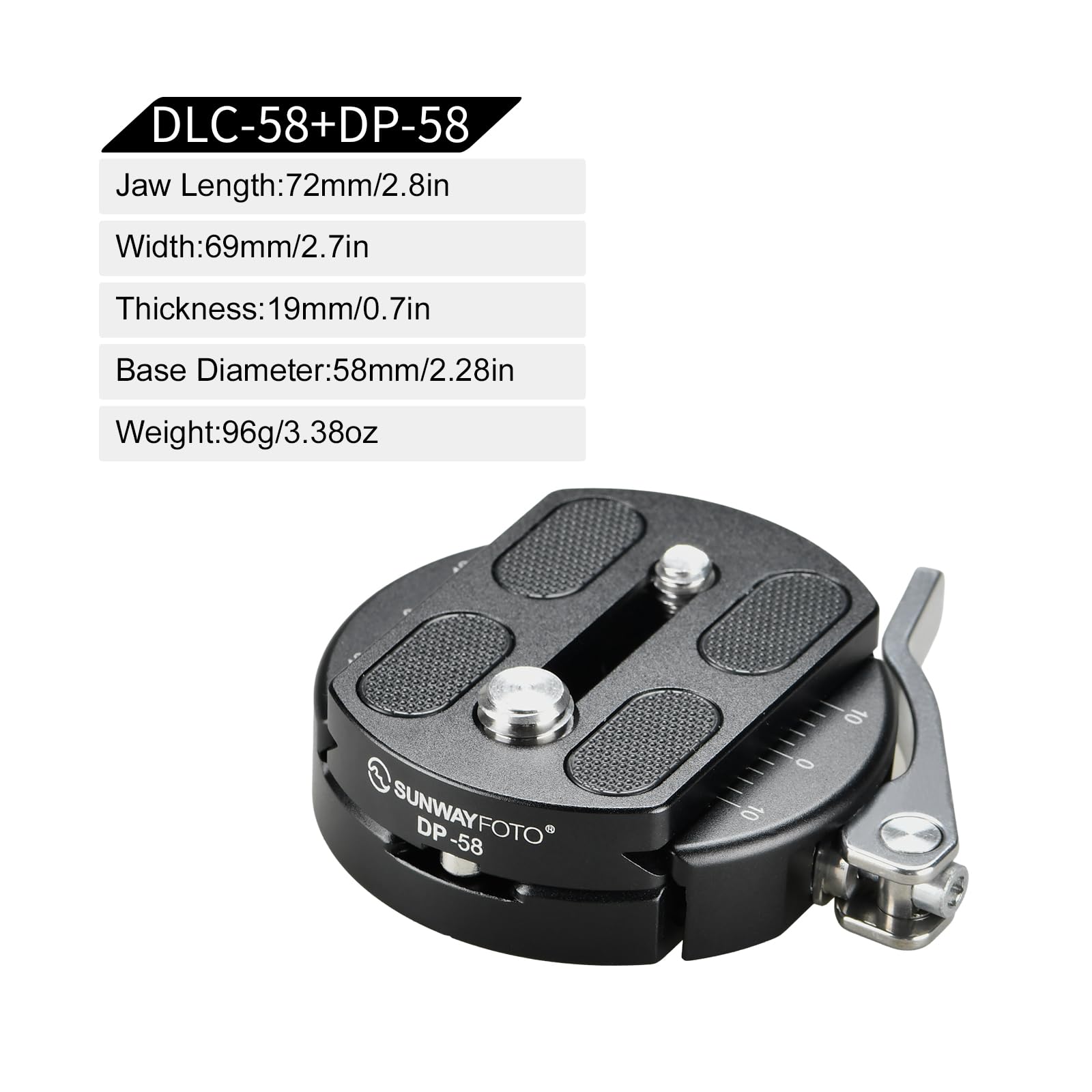 SUNWAYFOTO 58 mm Discal-Hebelklemme und Arca Swiss-Plattensatz, mit 1/4-20- und 3/8-16-Schrauben (DLC-58+DP-58)