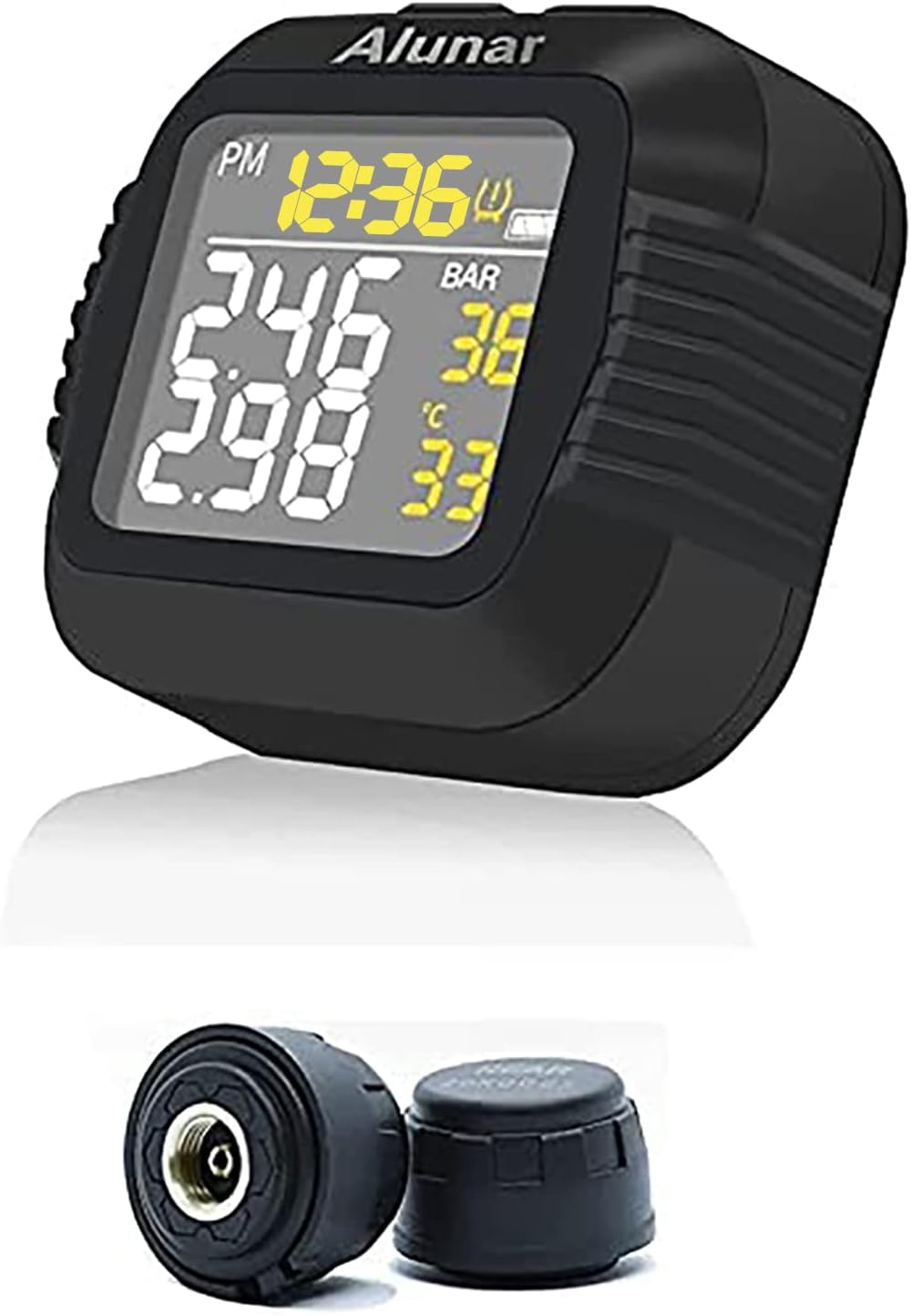 ALUNAR Motorcycle TPMS Wireless Tire Pressure Temperature Monitoring System Magnetic Suction USB Large LCD Digital 12/24-hour Clock Real Time Display Accurate Two Decimal Point 2 External Sensors