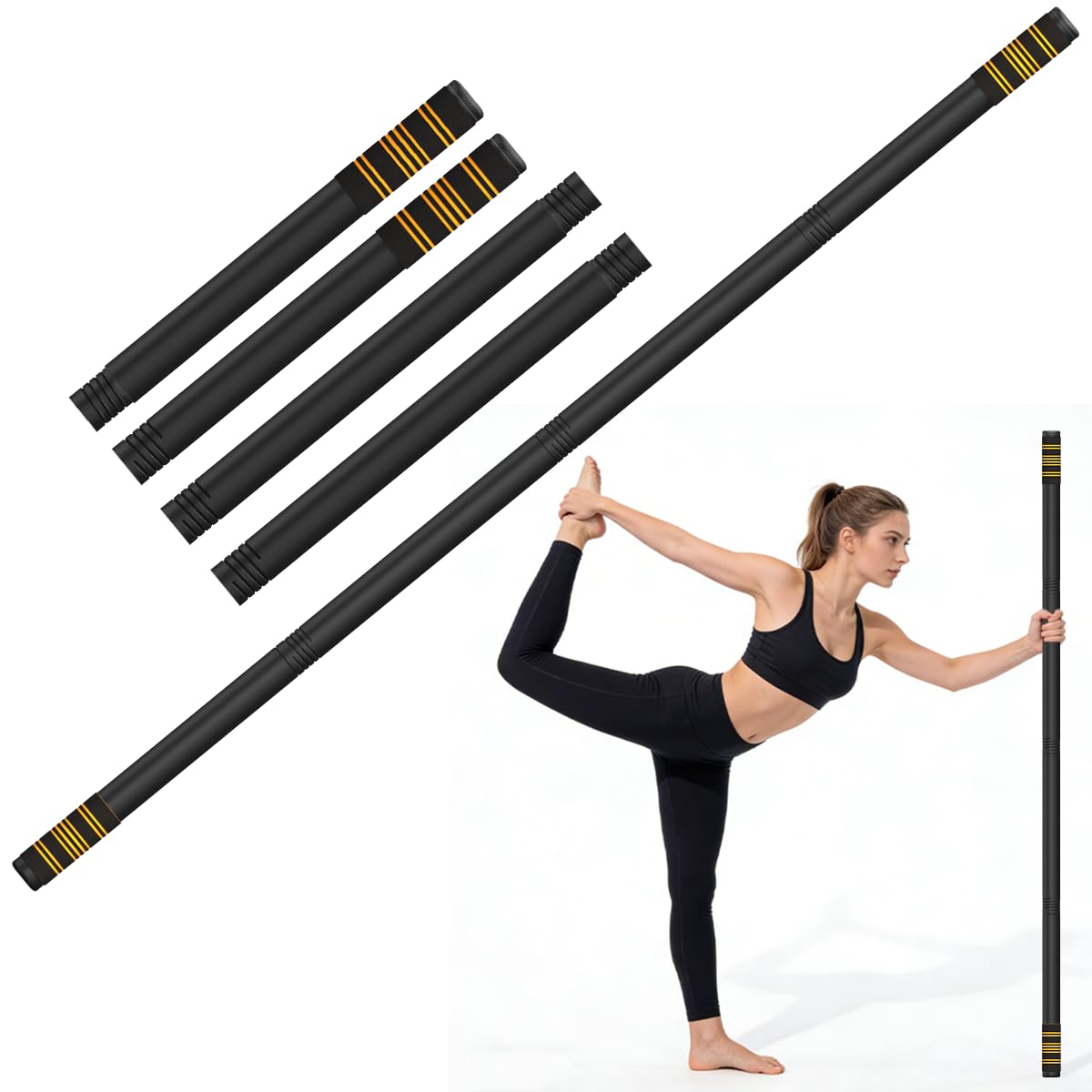 Yoga Stick for Exercise,Multi-Functional Fitness Pole with 4 Steel Rods & Comfort Foam Grip,Black-image-24