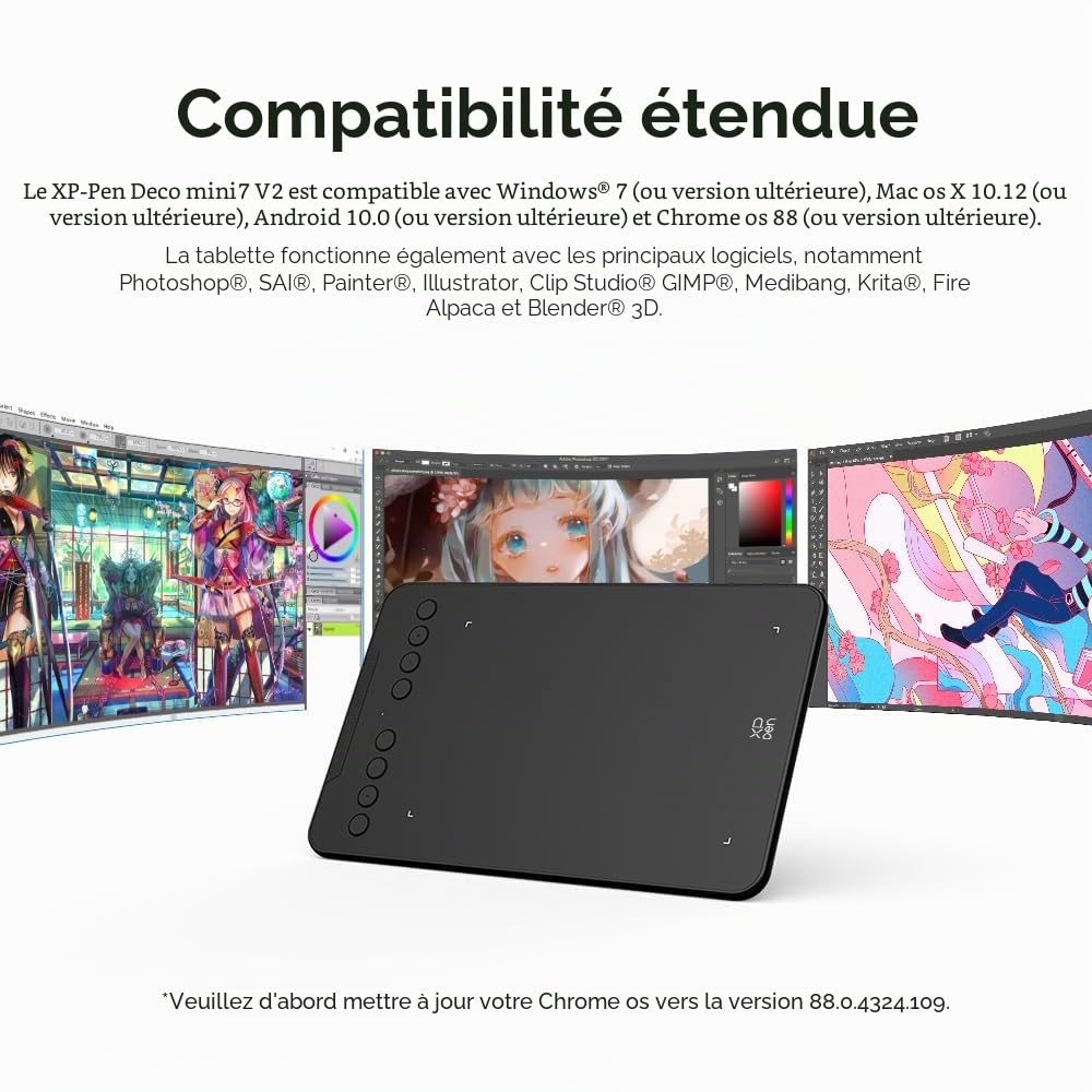 XP-PEN Deco mini7 v2 Tablette Graphique 7x4 Pouces Stylet 16K(16384) Niveaux de Pression avec Inclinaison 60 Degrés Compatible avec Windows Mac Android