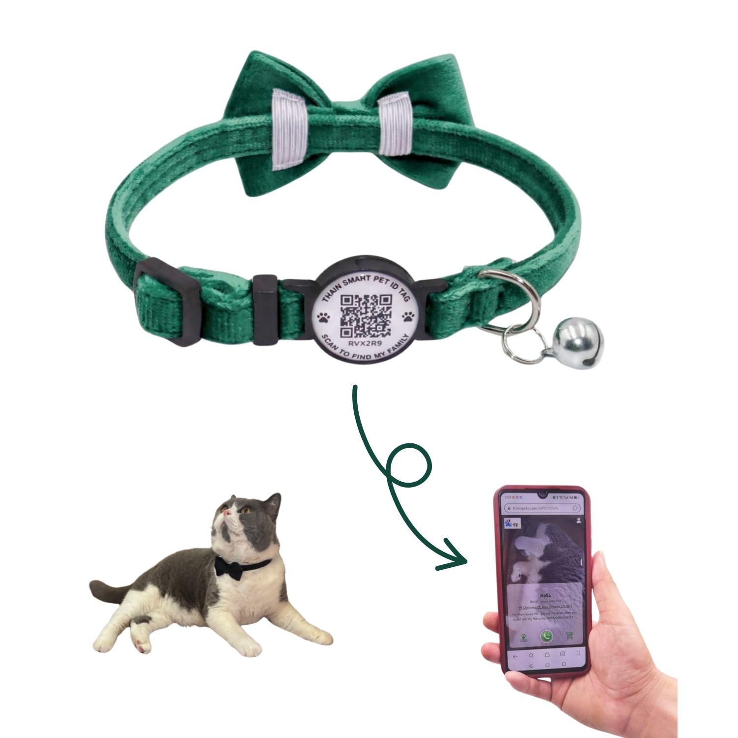 THAIN Personalised Cat Collar with bell and Bowtie Breakaway QR Code Name Smart ID tag quick release soft comfortable collar for cats and kittens (Green)