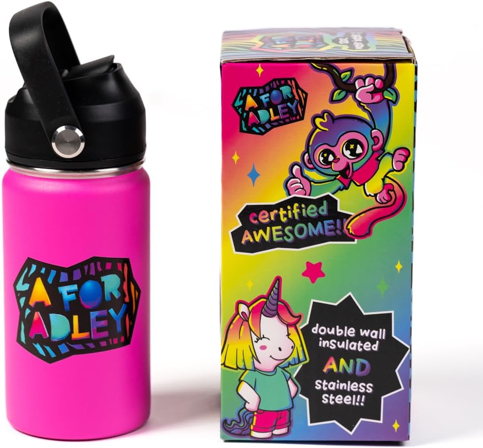 A FOR ADLEY Merch Official Product Adley's Super Cold and Colorful Neon Rainbow Water Bottles For Fun, School, Travel or Anytime You Would Want a Cold Drink (Neon Pink)